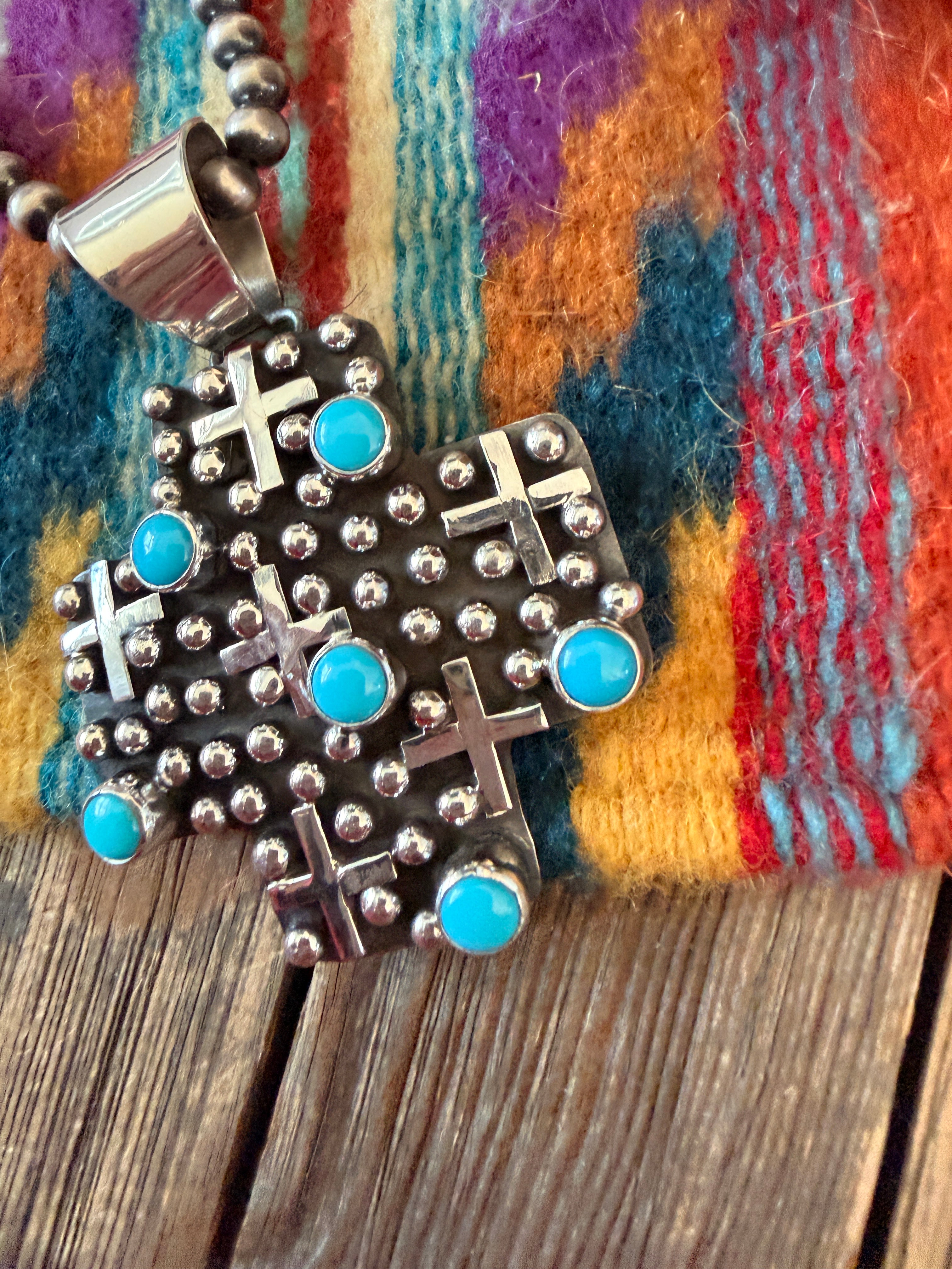 Handcrafted Turquoise & Sterling Silver Cross Pendant by Geneva Apachito