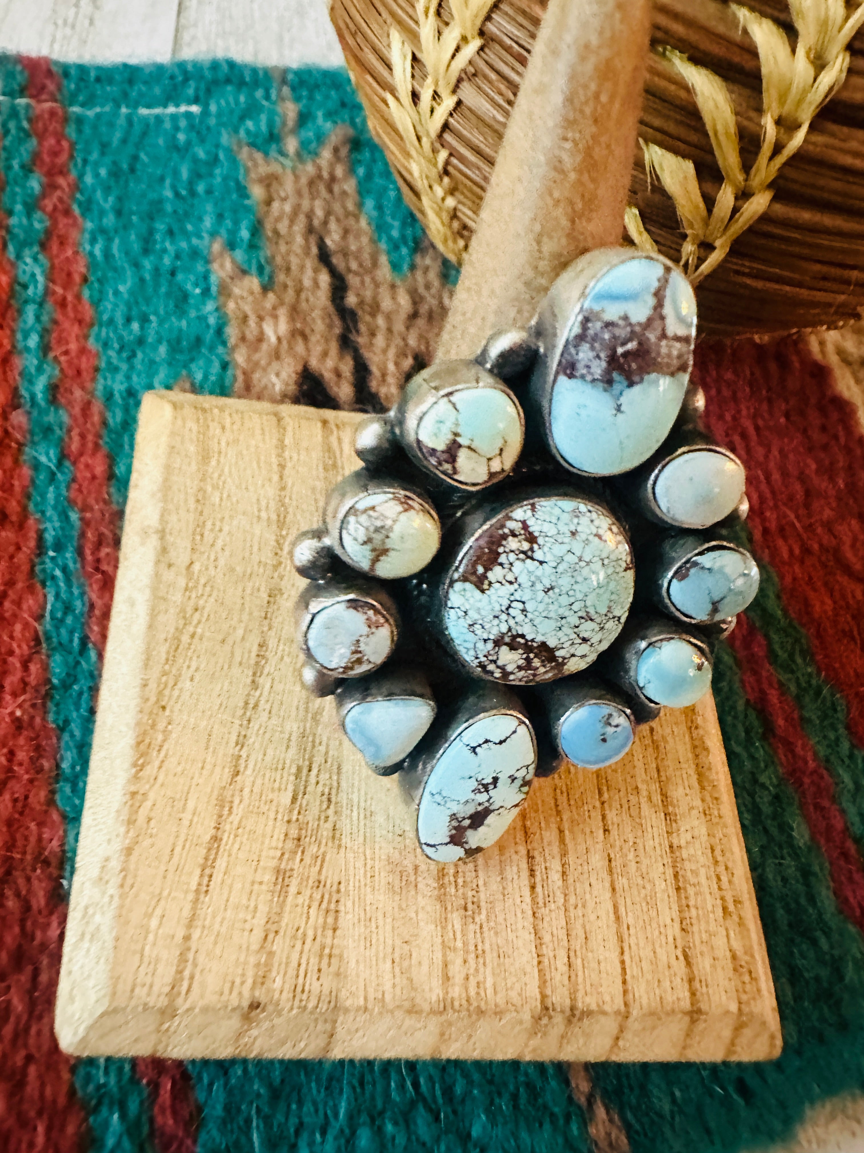 Handcrafted Golden Hills Turquoise & Sterling Silver Cluster Ring Size 7