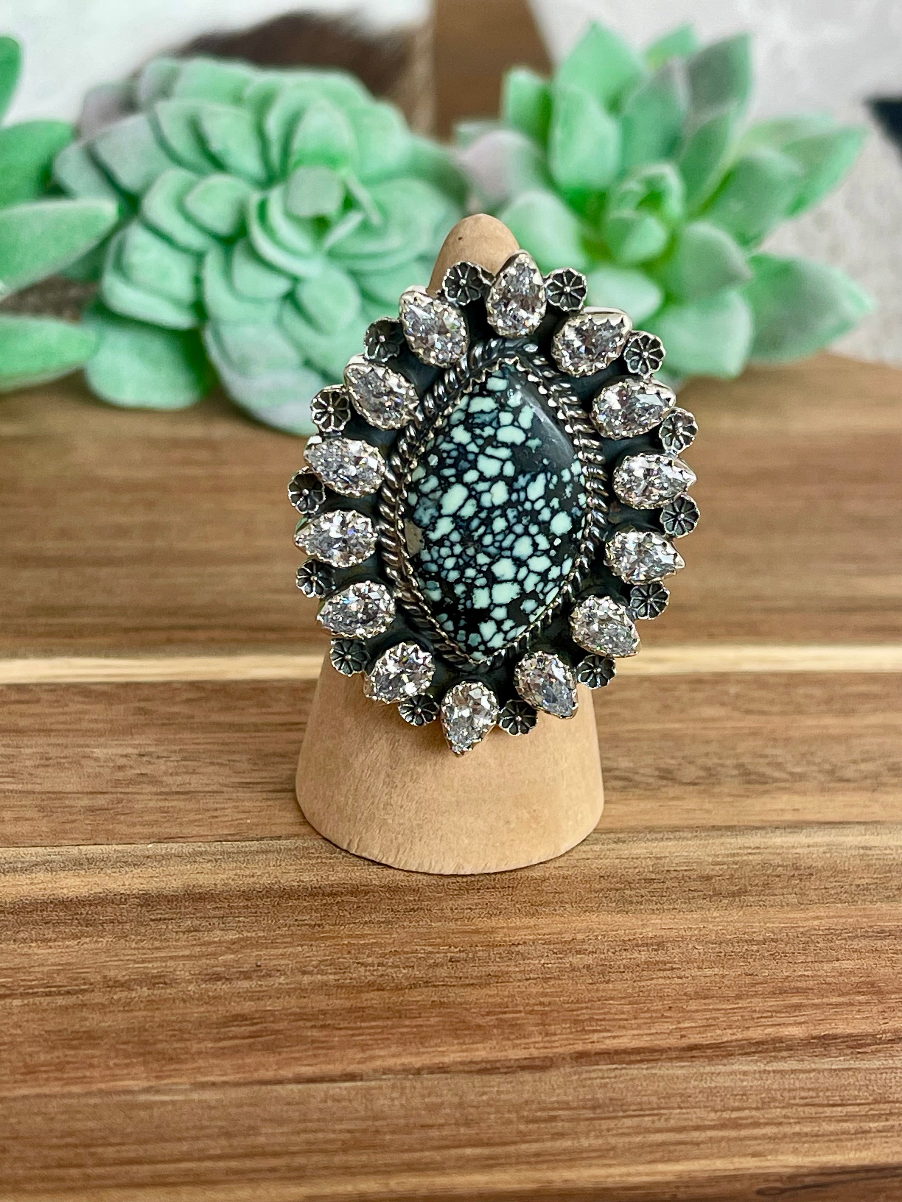 Beautiful Handmade New Lander Turquoise, Cubic Zirconia And Sterling Silver Adjustable Ring