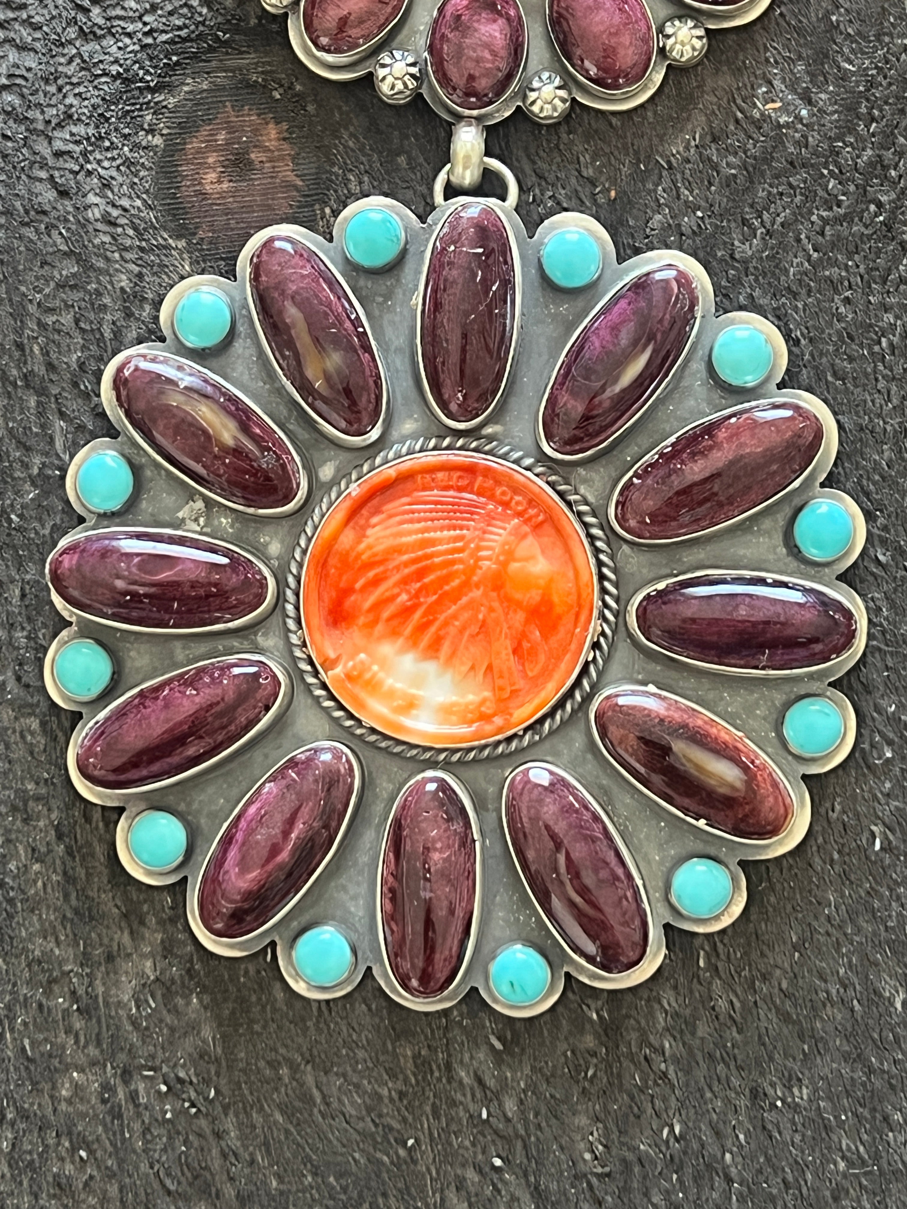 Handcrafted Stunning Sterling Silver, Carved Spiny Oyster and Turquoise Necklace by Gilbert Platero