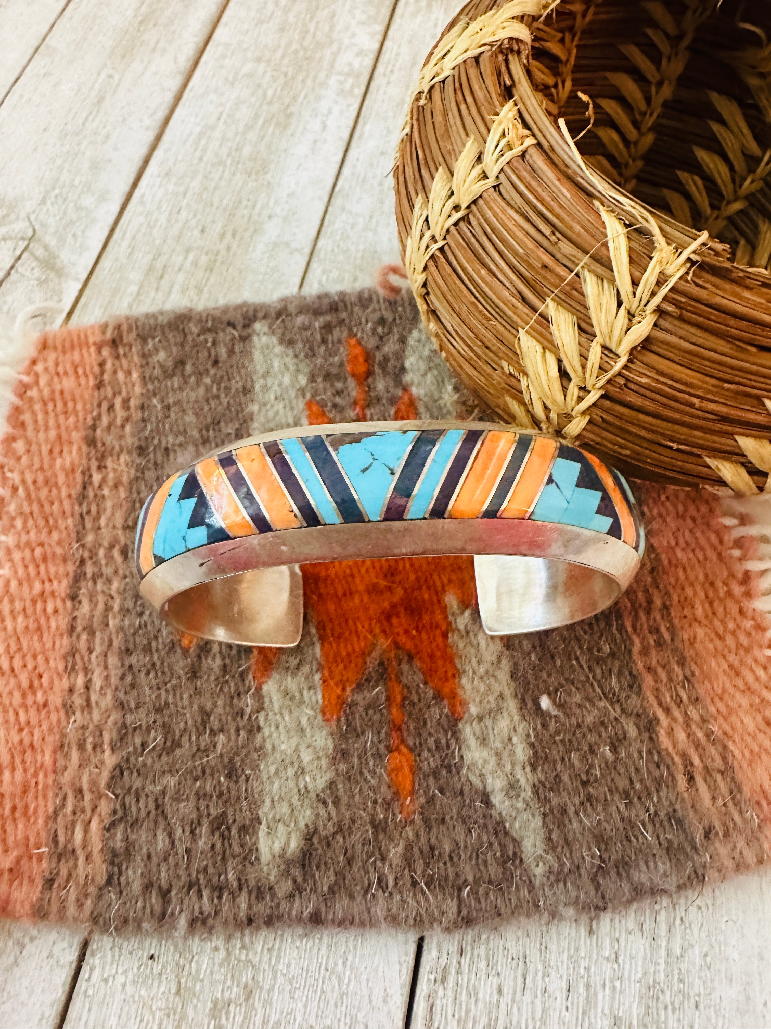 Handcrafted Multi Stone & Sterling Silver Inlay Cuff Bracelet