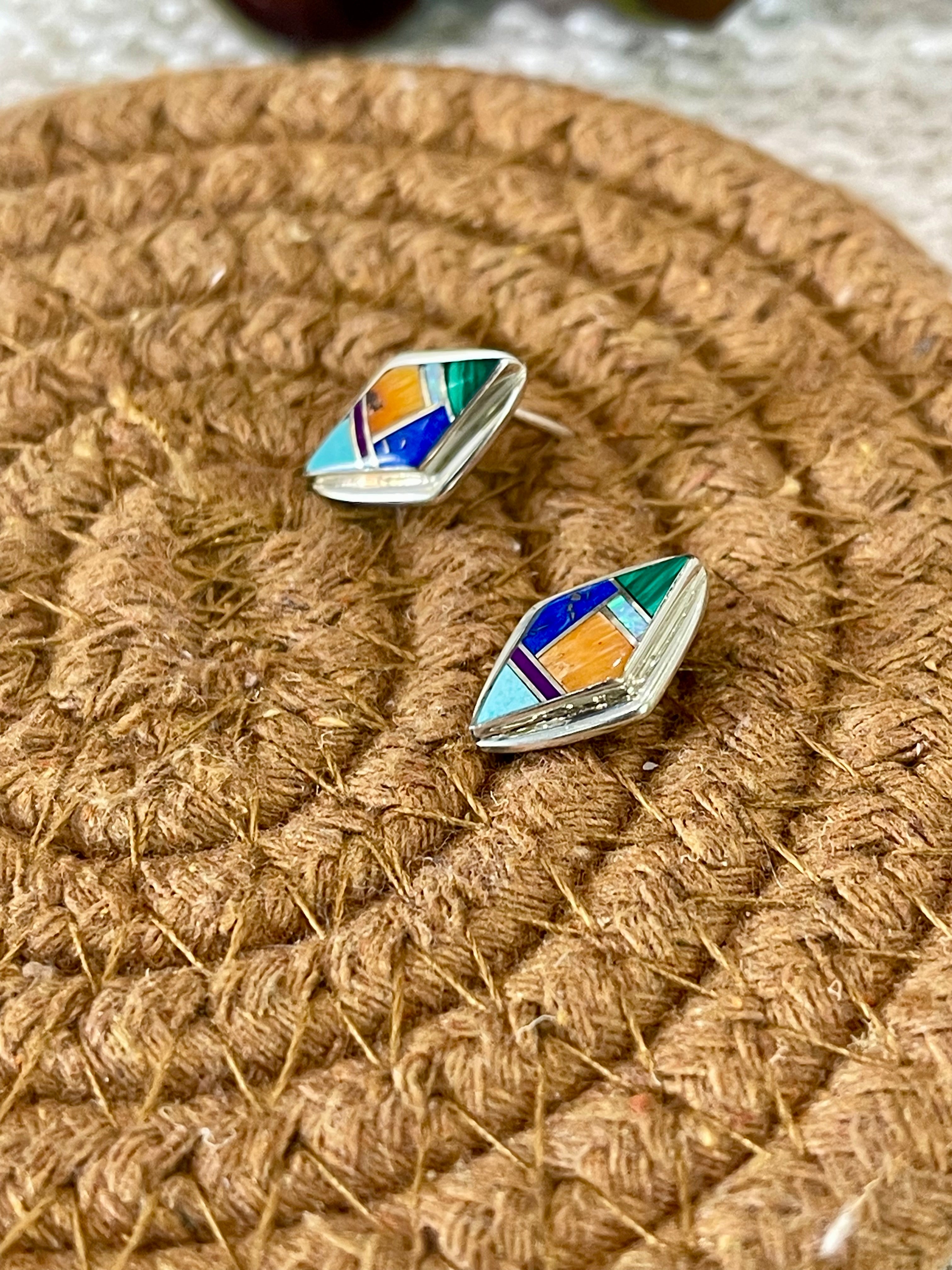 Stunning Handmade Sterling Silver & Multi Stone Inlay Post Earrings