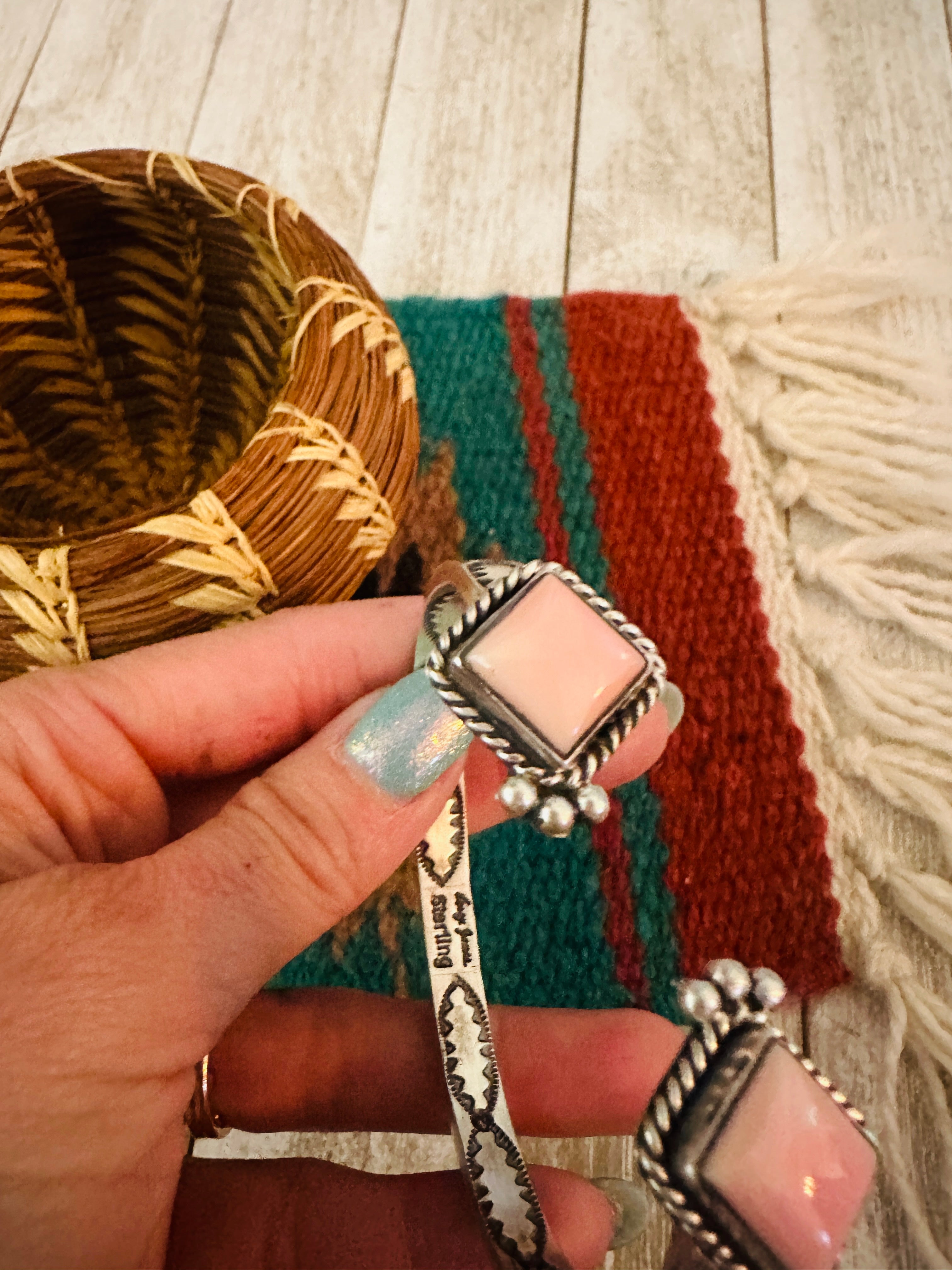 Navajo Queen Pink Conch & Sterling Silver Floating Cuff Bracelet