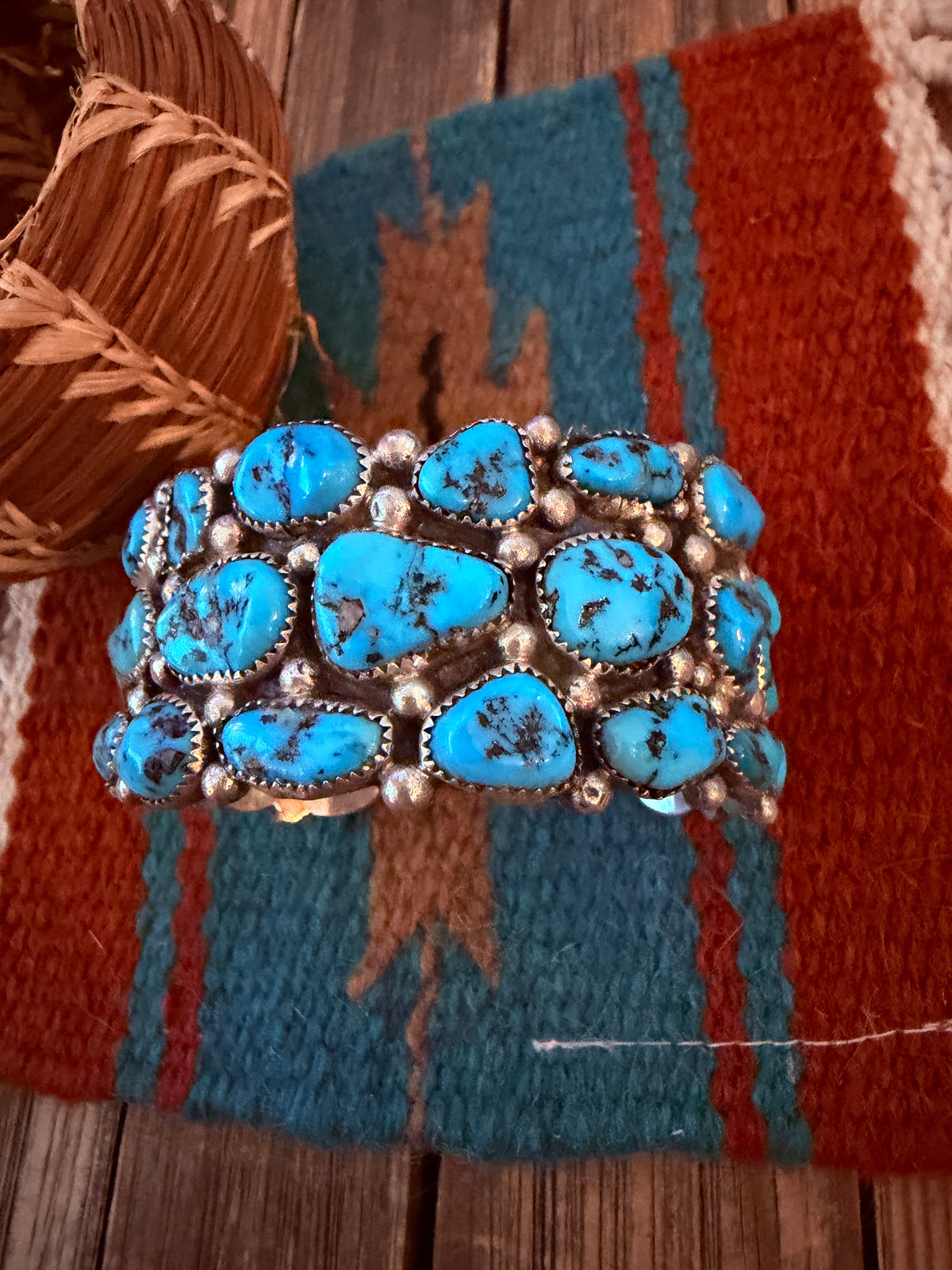 Handcrafted Old Pawn Sterling Silver & Kingman Turquoise Cluster Cuff Bracelet