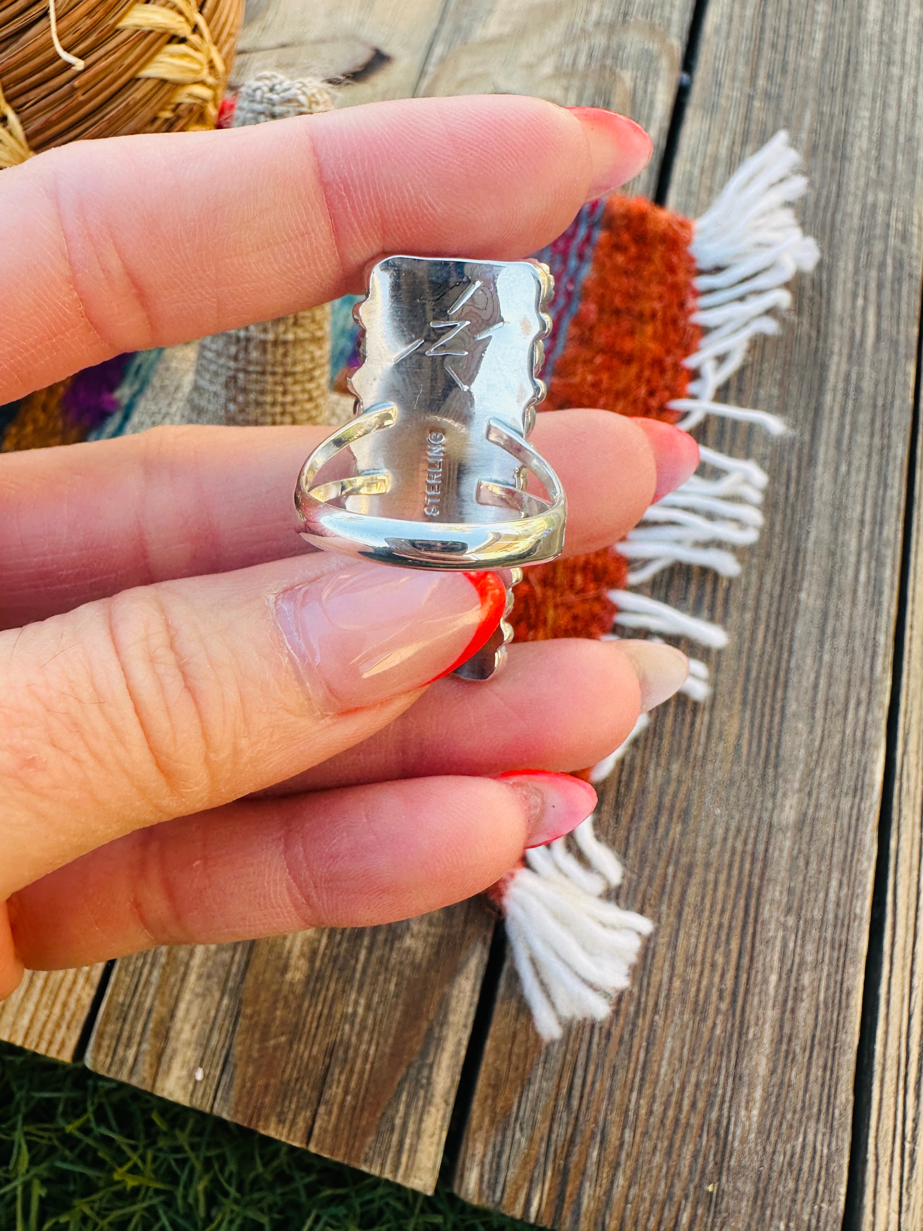 Handcrafted Turquoise & Sterling Silver Cluster Ring Size 7.75