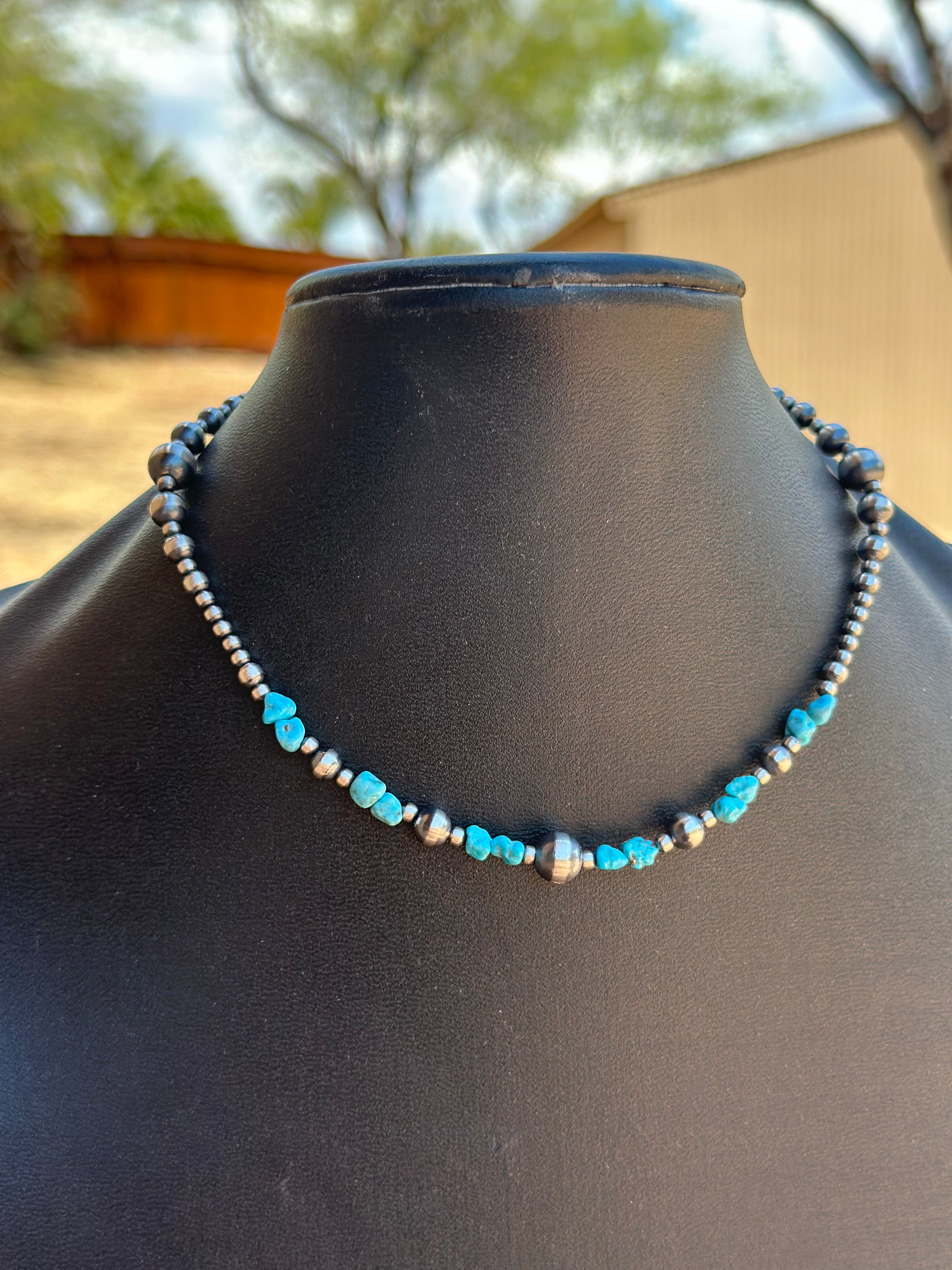 Handcrafted Kingman Dance Turquoise & Sterling Silver 3mm-8mm Beaded Necklace