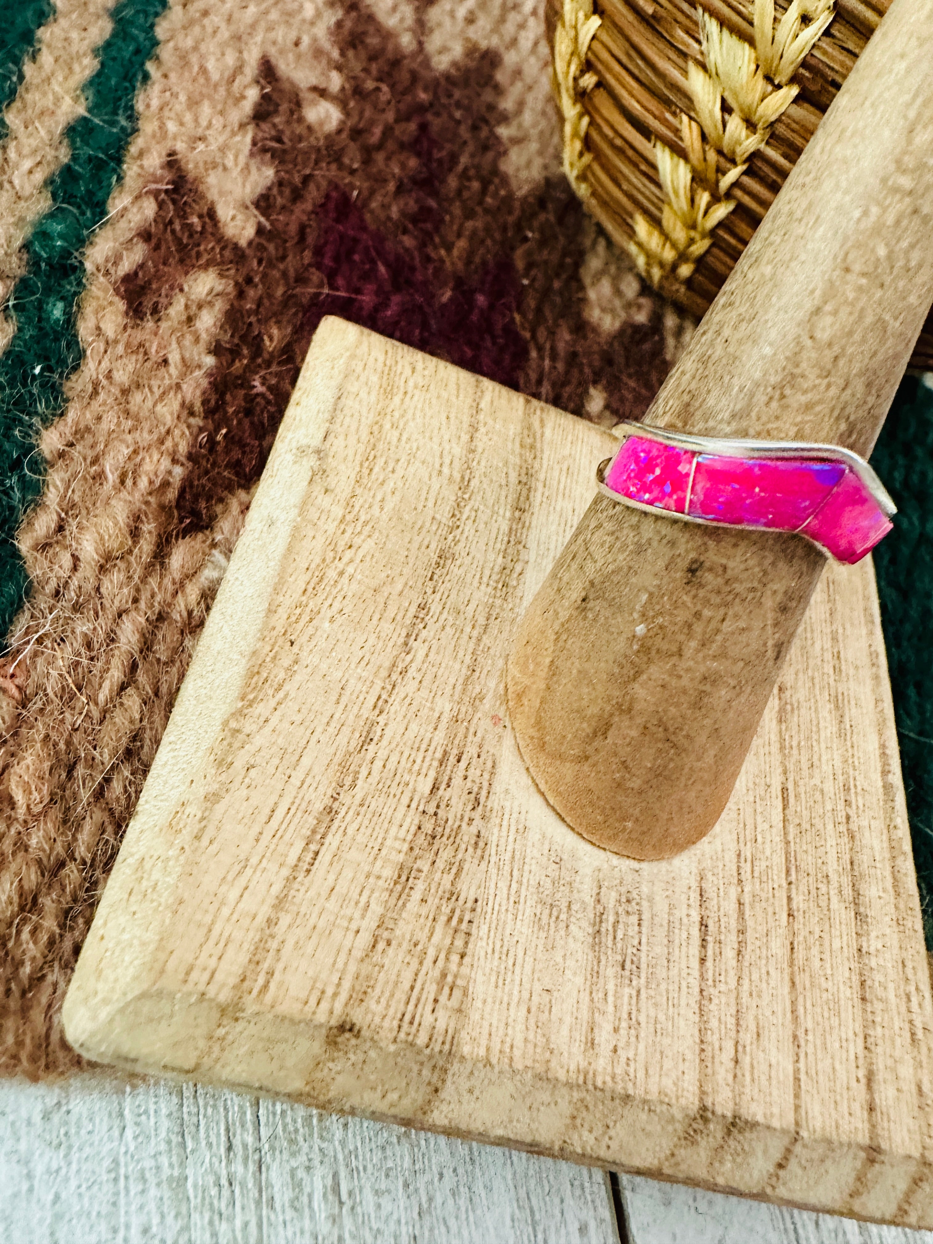 Handcrafted Sterling Silver & Pink Opal Inlay Band Ring