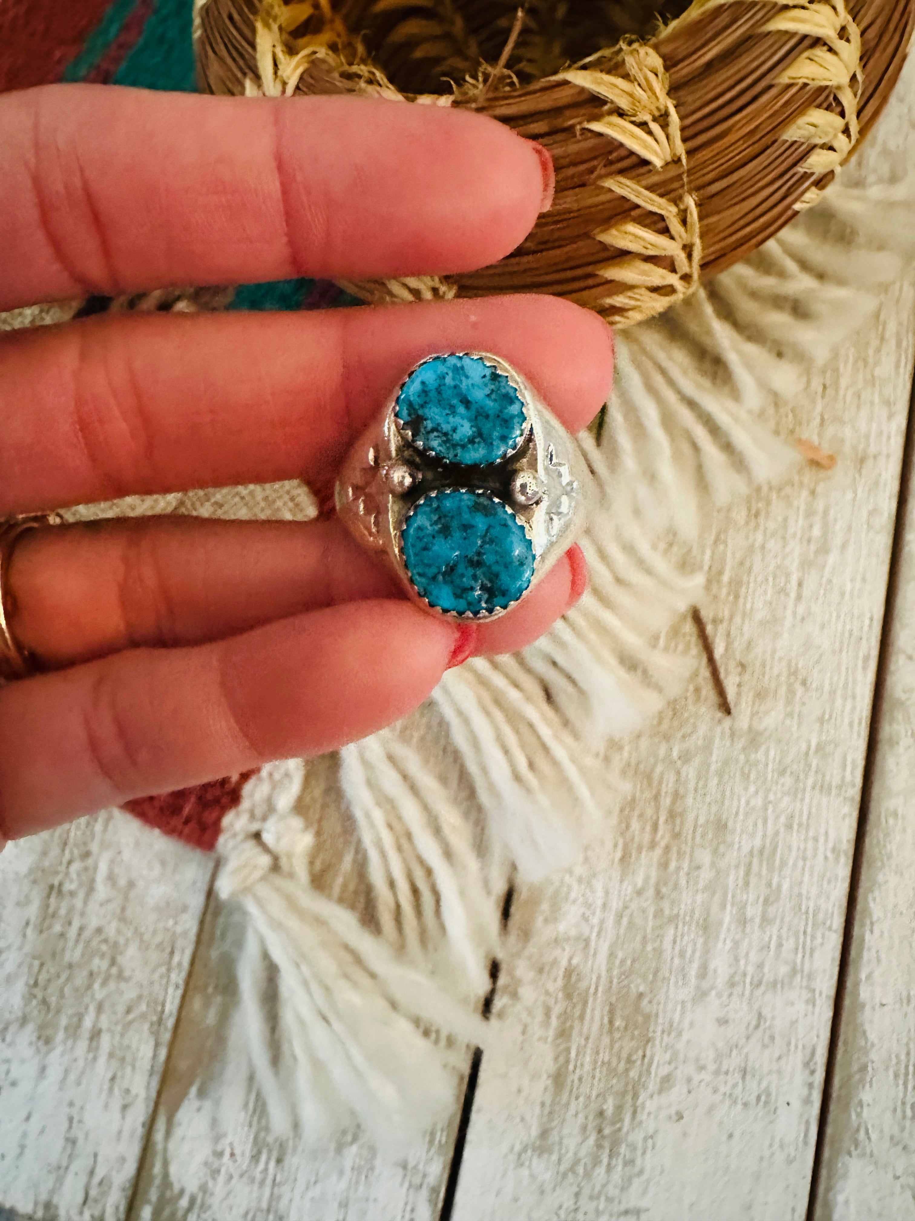 Handcrafted Turquoise & Sterling Silver Cigar Band Ring Size 10