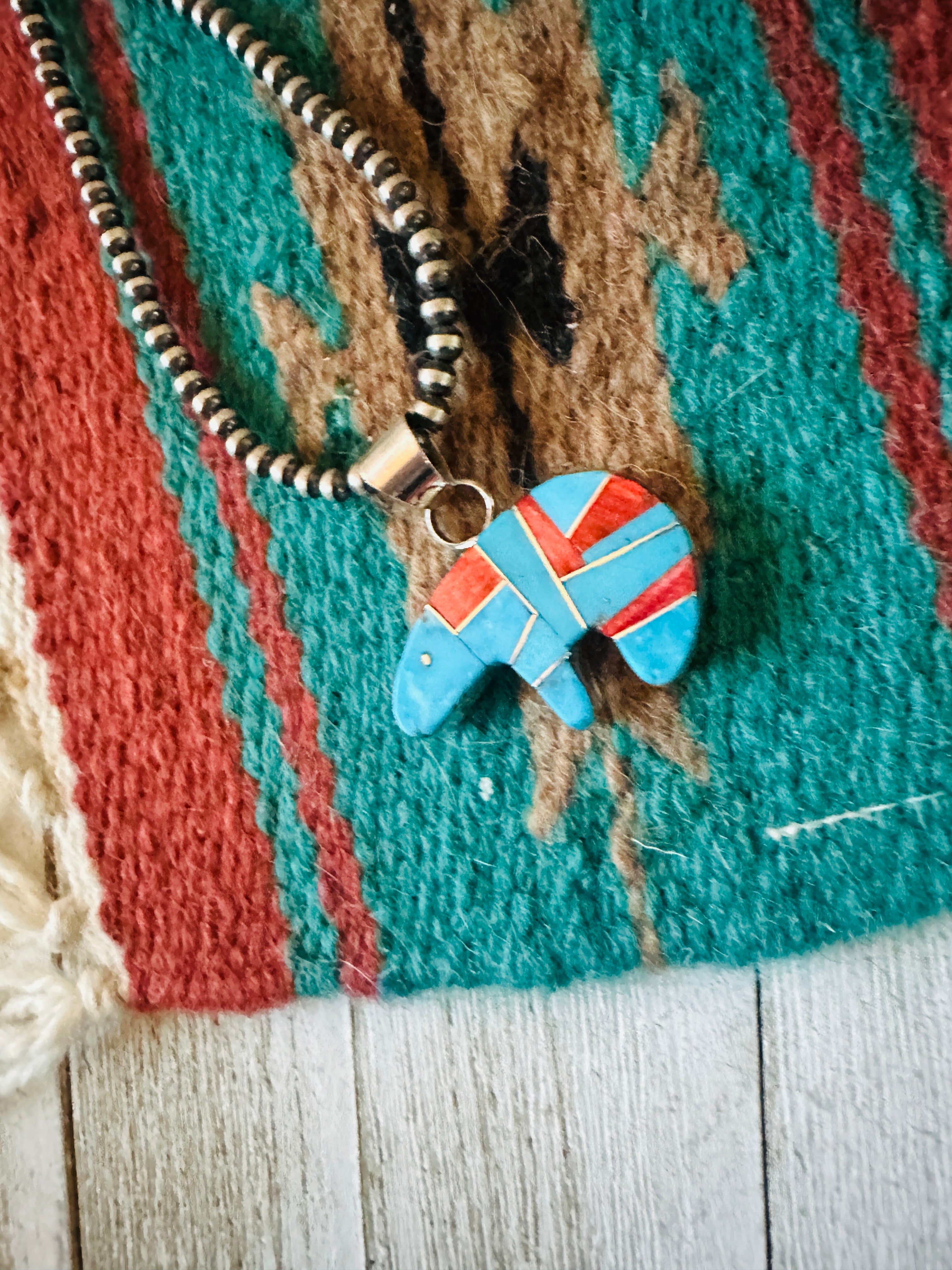 Handcrafted Turquoise, Spiny & Sterling Silver Inlay Fetish Bear Pendant