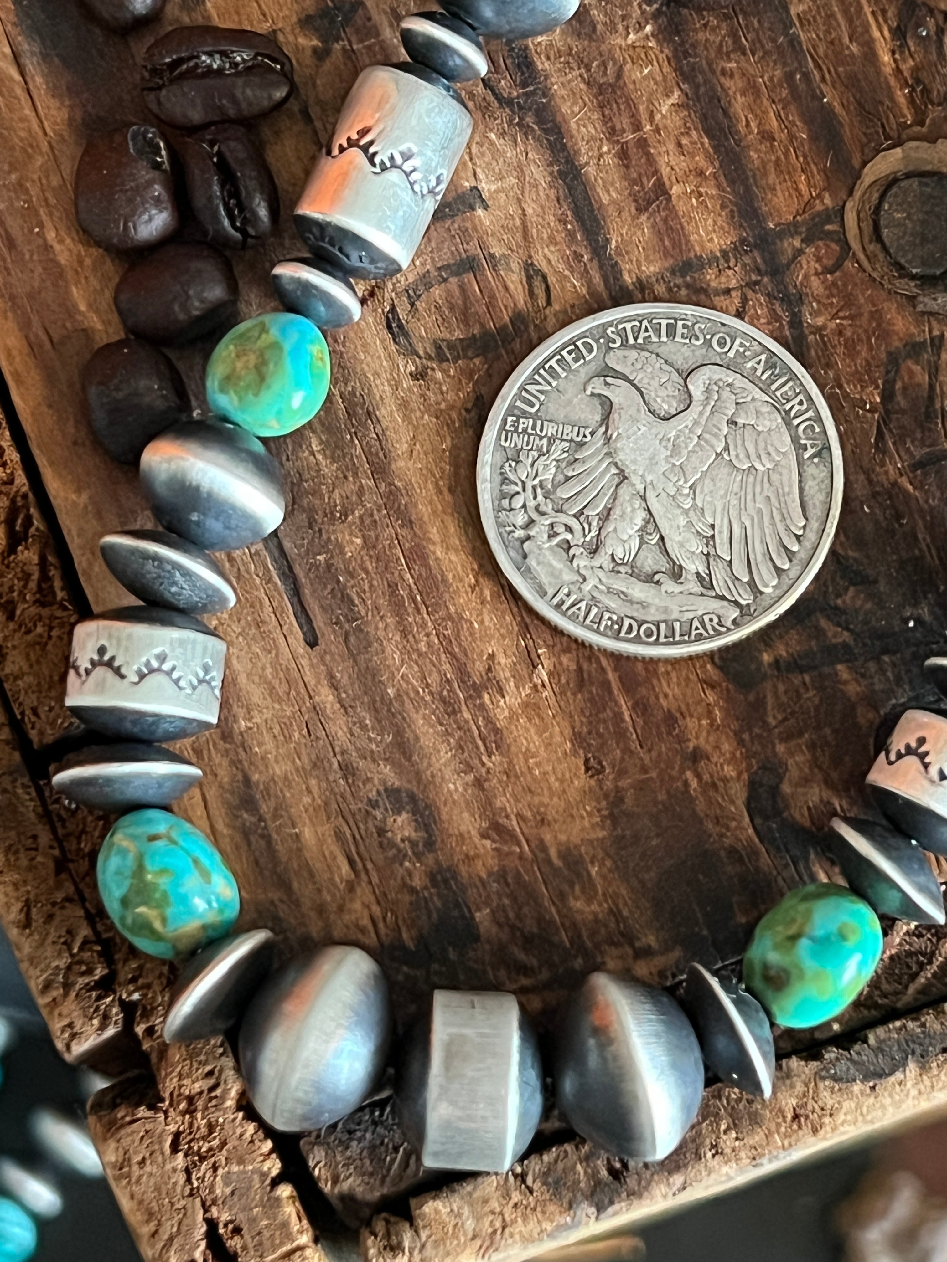 Handcrafted Sterling Silver and Sonoran Mountain Turquoise and Beaded Necklace by Rose Martin, 24 + 1 Inches