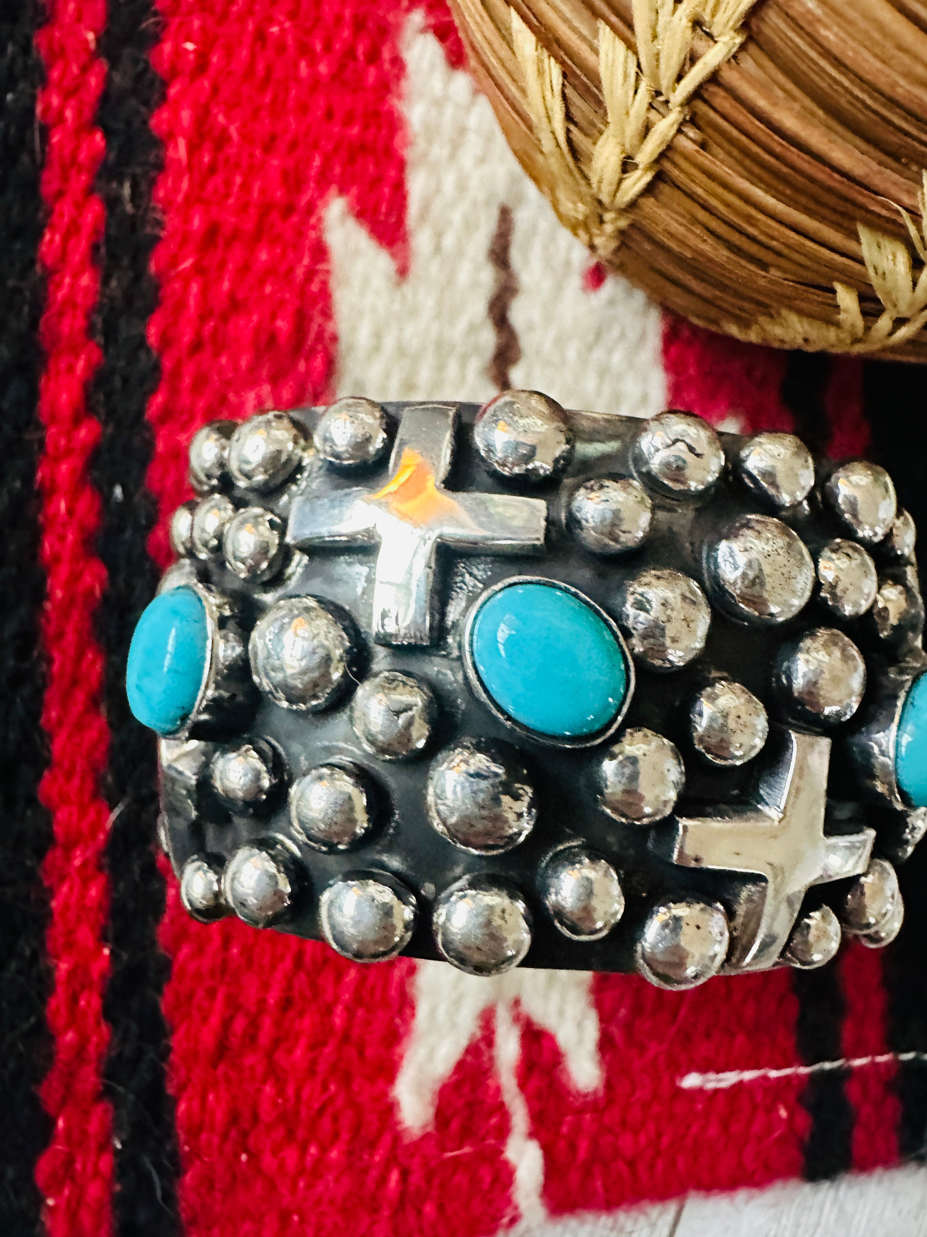 Navajo Turquoise & Sterling Silver Cross Cuff Bracelet By Chimney Butte /