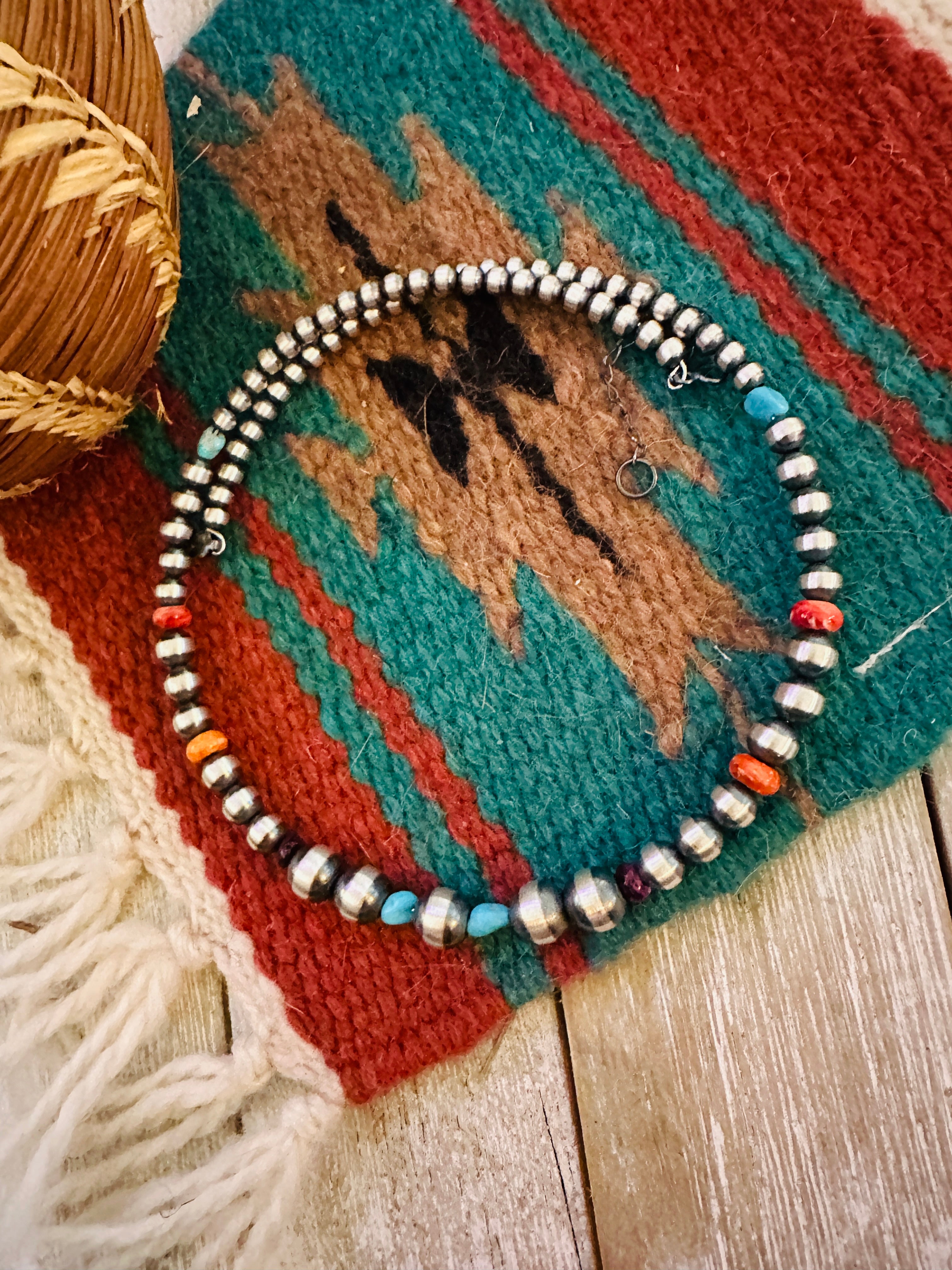 Handcrafted Turquoise, Spiny & Sterling Silver Beaded Wrap Choker Necklace