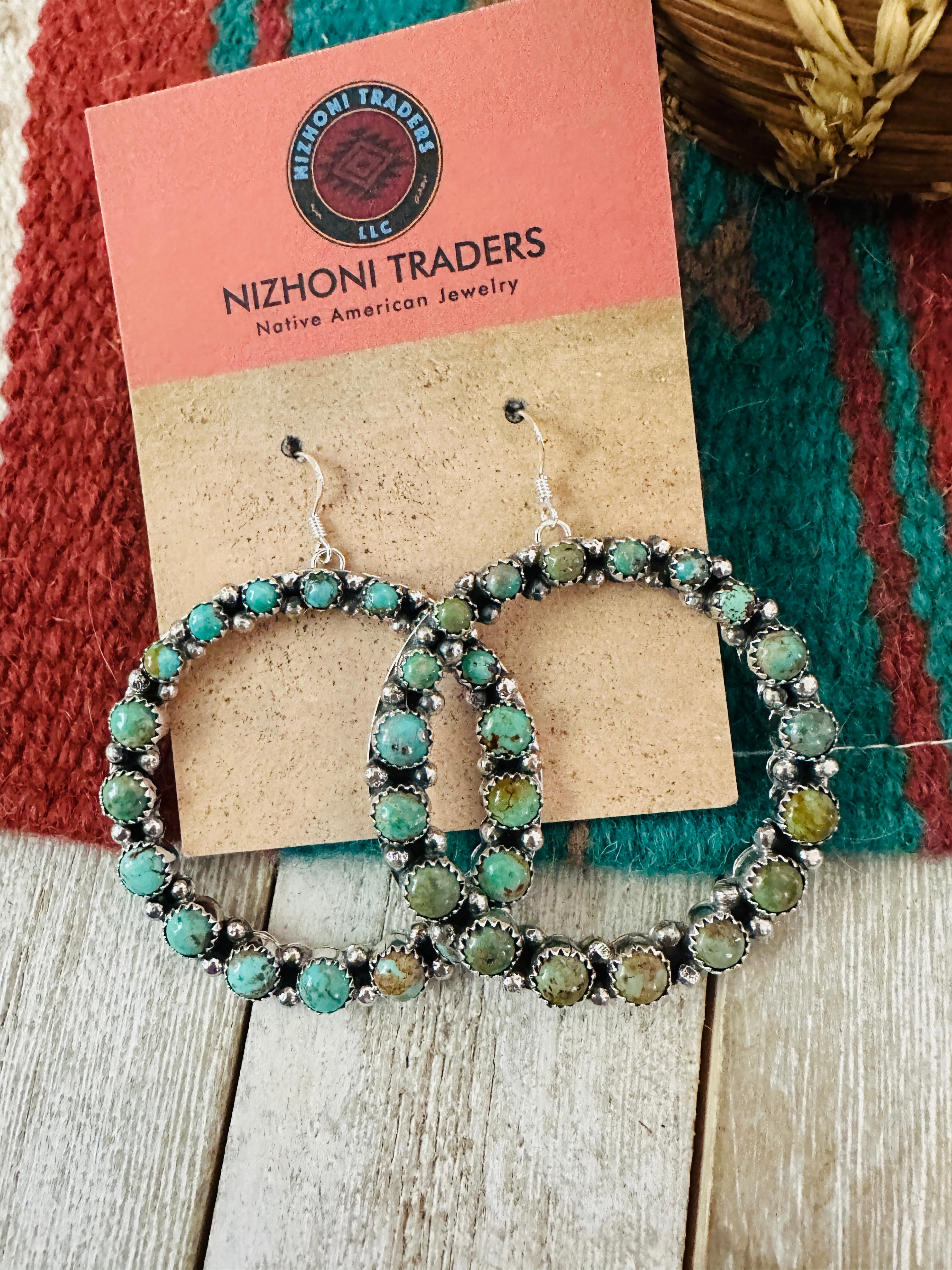 Navajo Turquoise and Sterling Silver Dangle Hoop Earrings