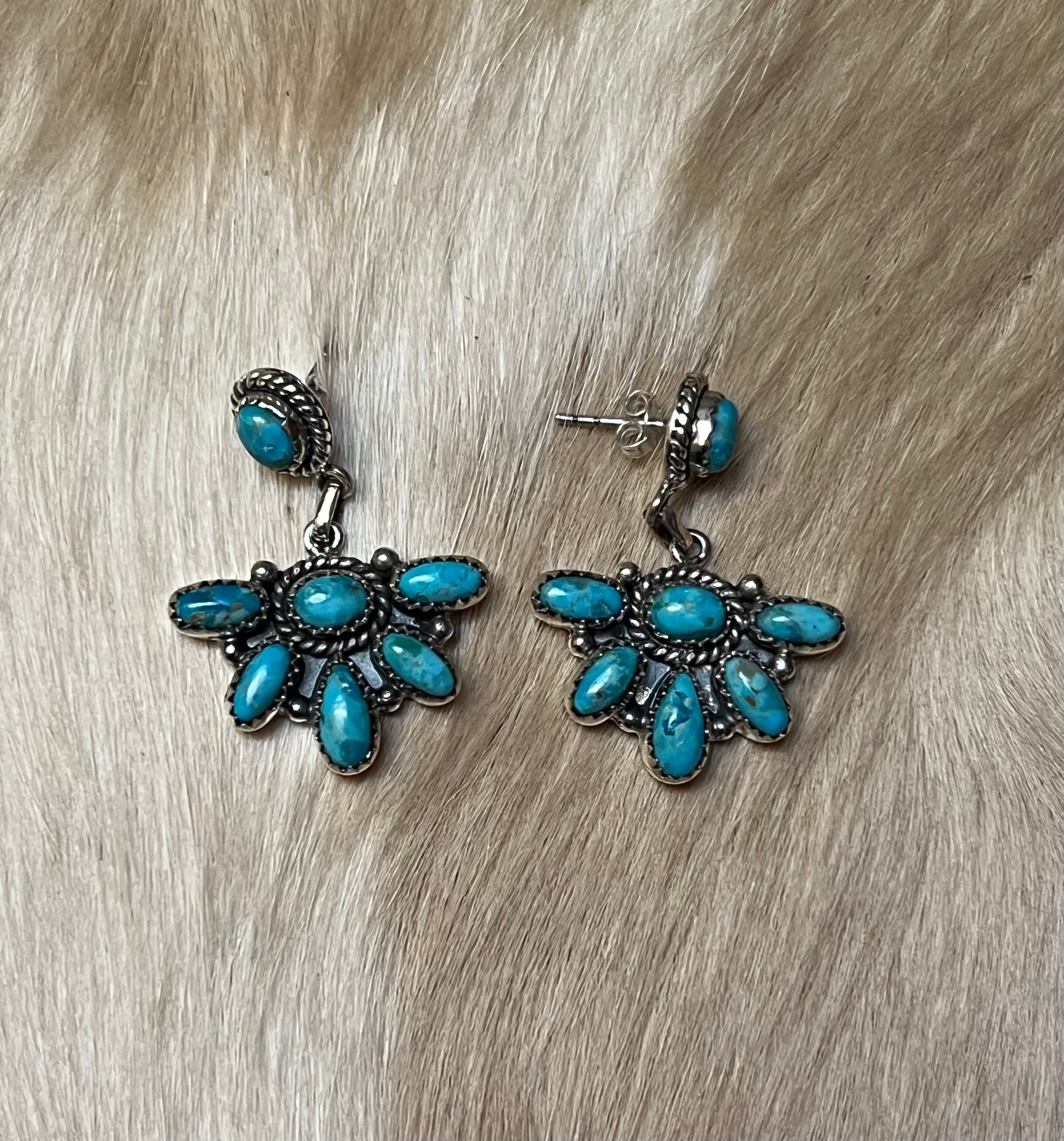 Handmade South Hill Turquoise Cluster Sterling Silver Dangle Earrings