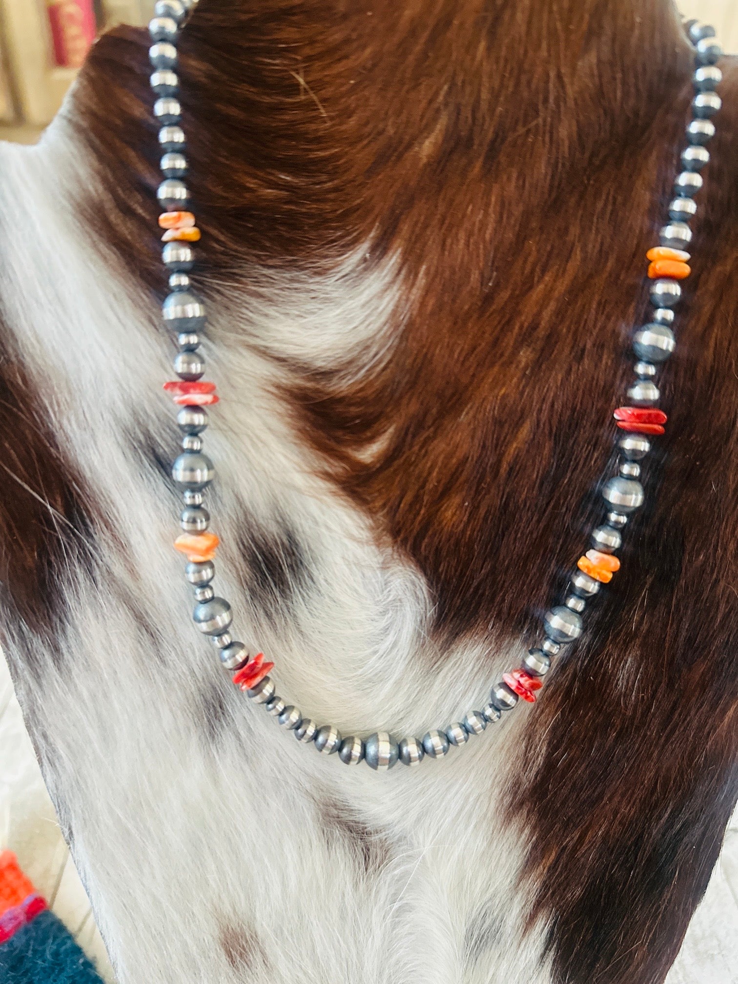 Handcrafted Sterling Silver & Spiny Oyster Beaded 18” Necklace