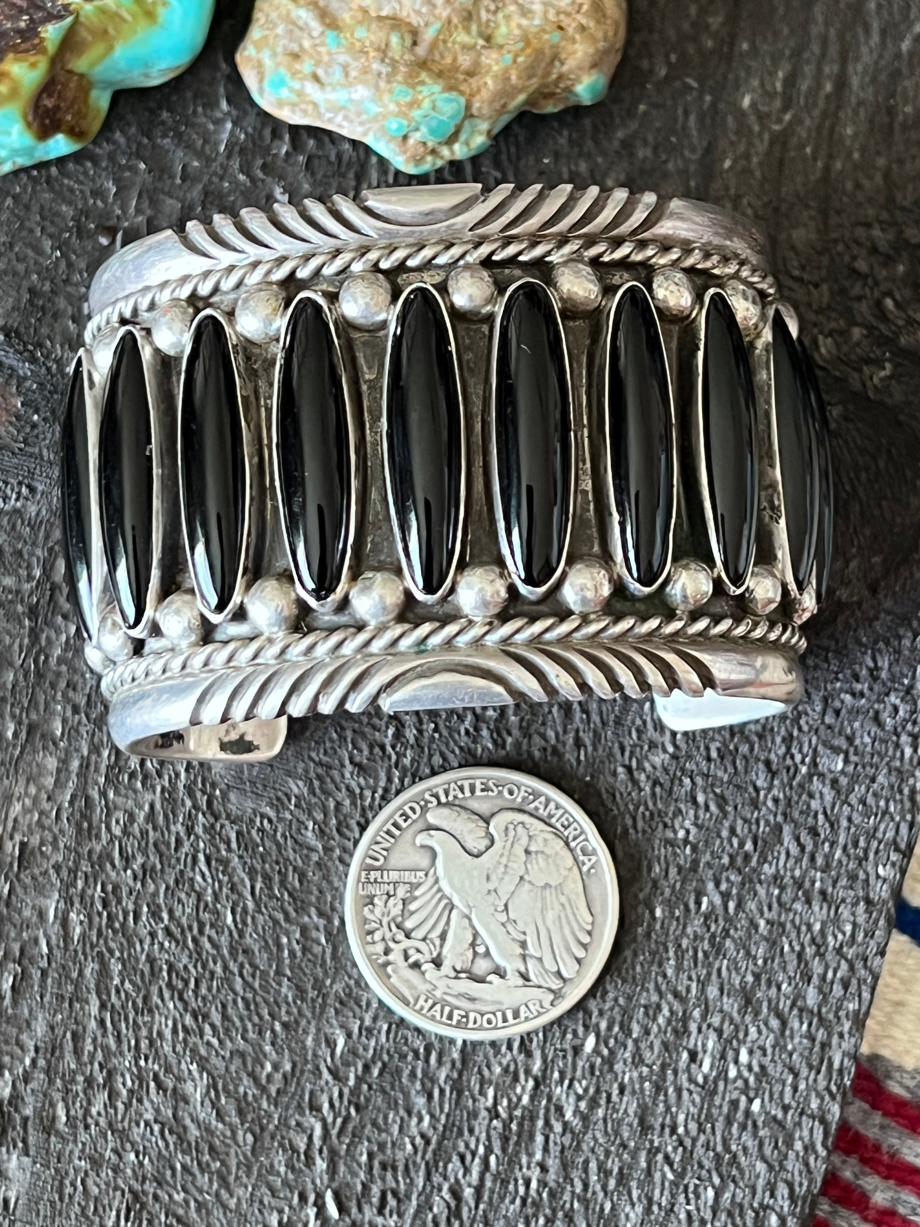 Old Pawn Sterling Silver and Black Onyx Cuff Bracelet by Tommy Moore