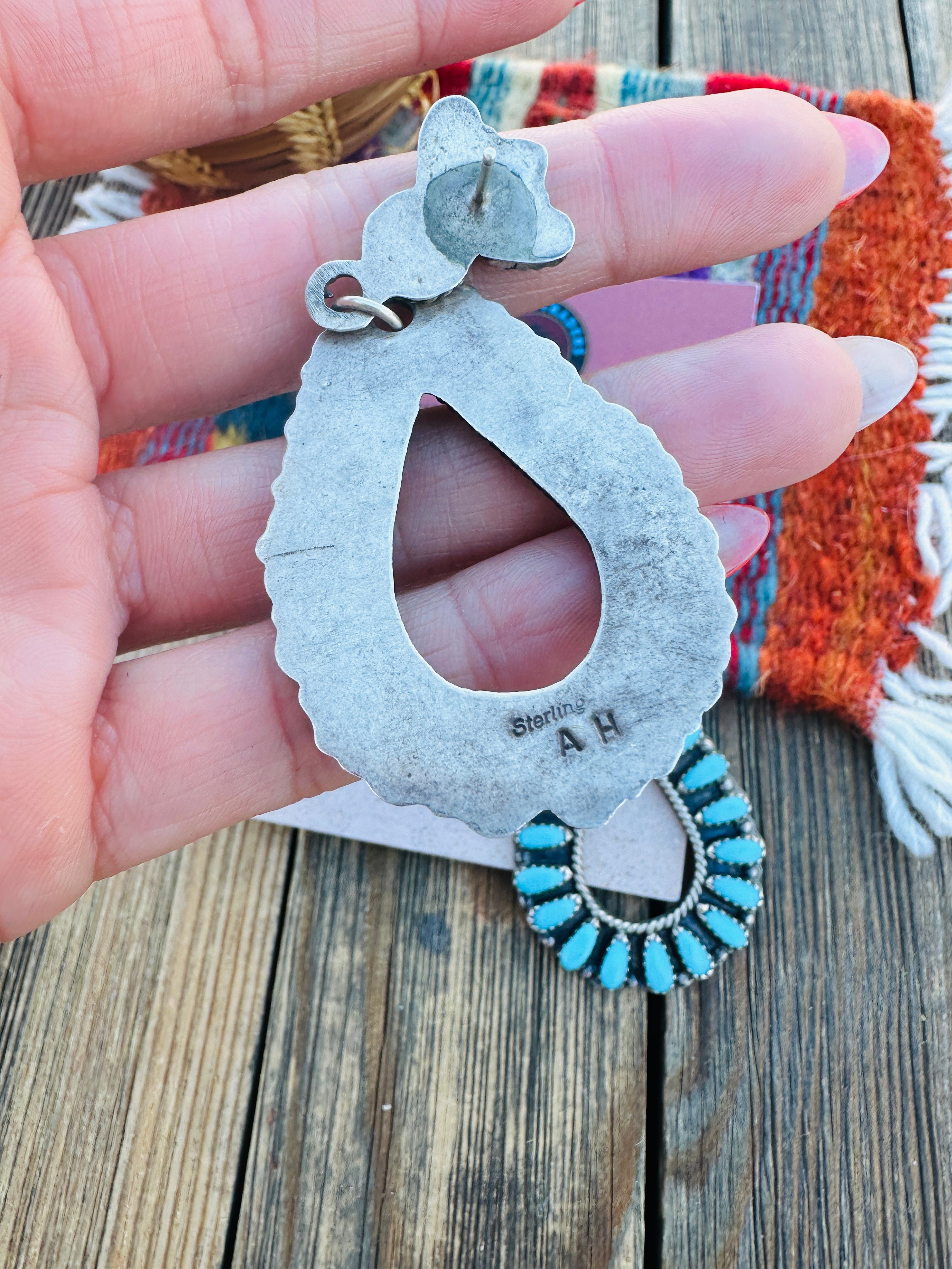 Handcrafted Old Pawn Sterling Silver & Turquoise Cluster Dangle Earrings