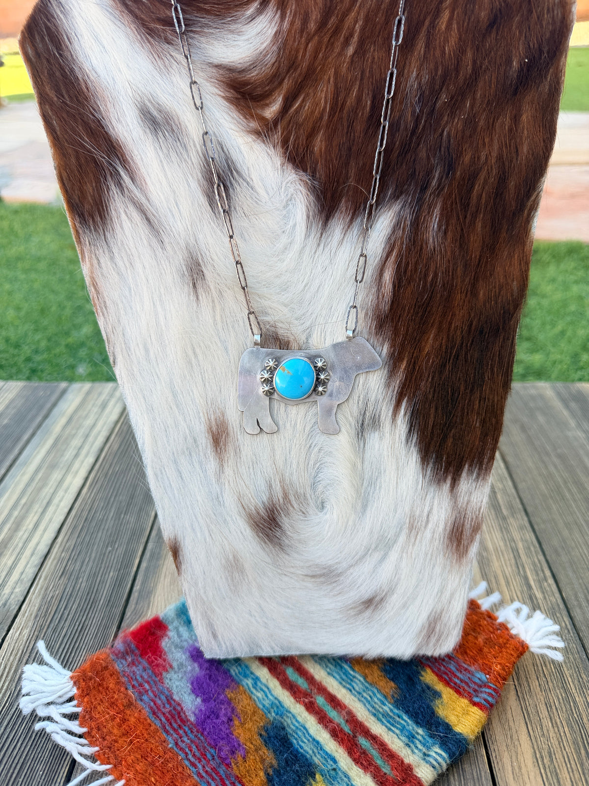 Handmade Sterling Silver & Turquoise Cow Necklace