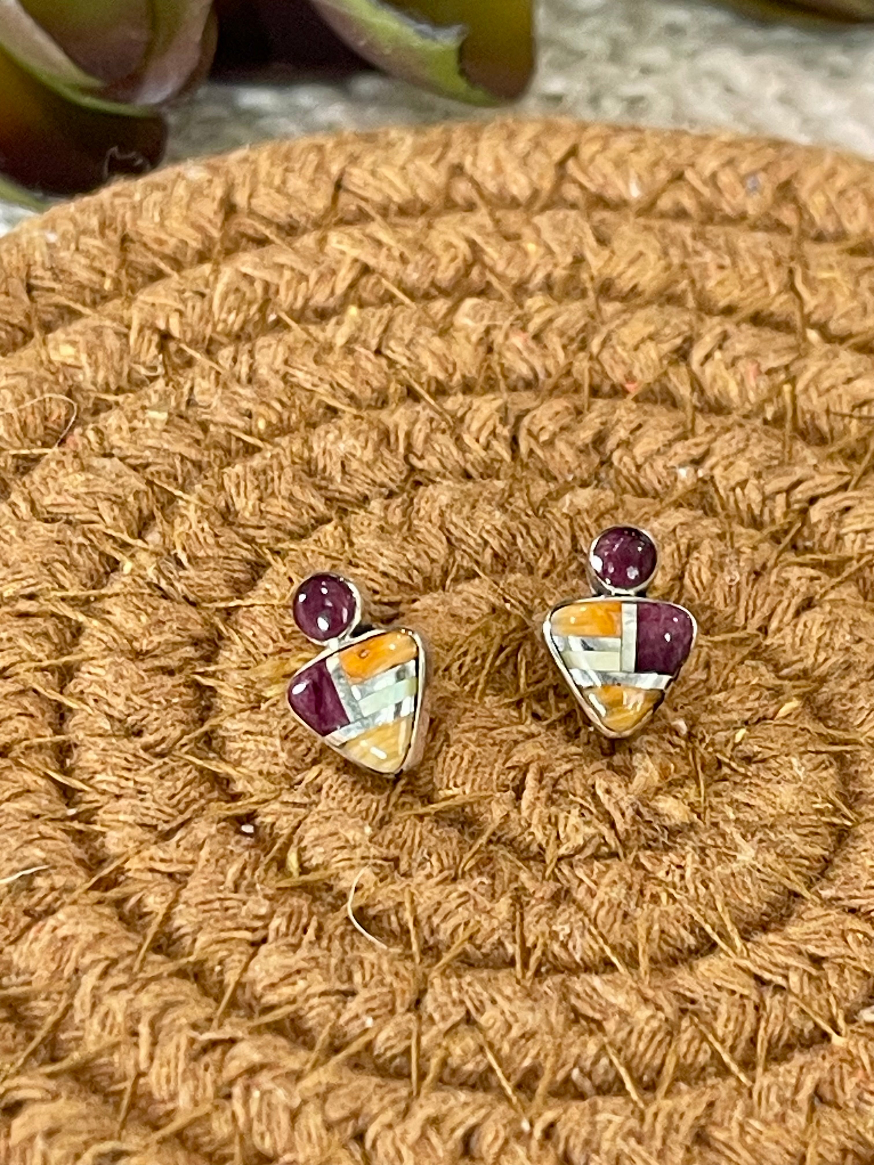 Beautiful Handmade Sterling Silver & Multi Stone Inlay Stud Earrings