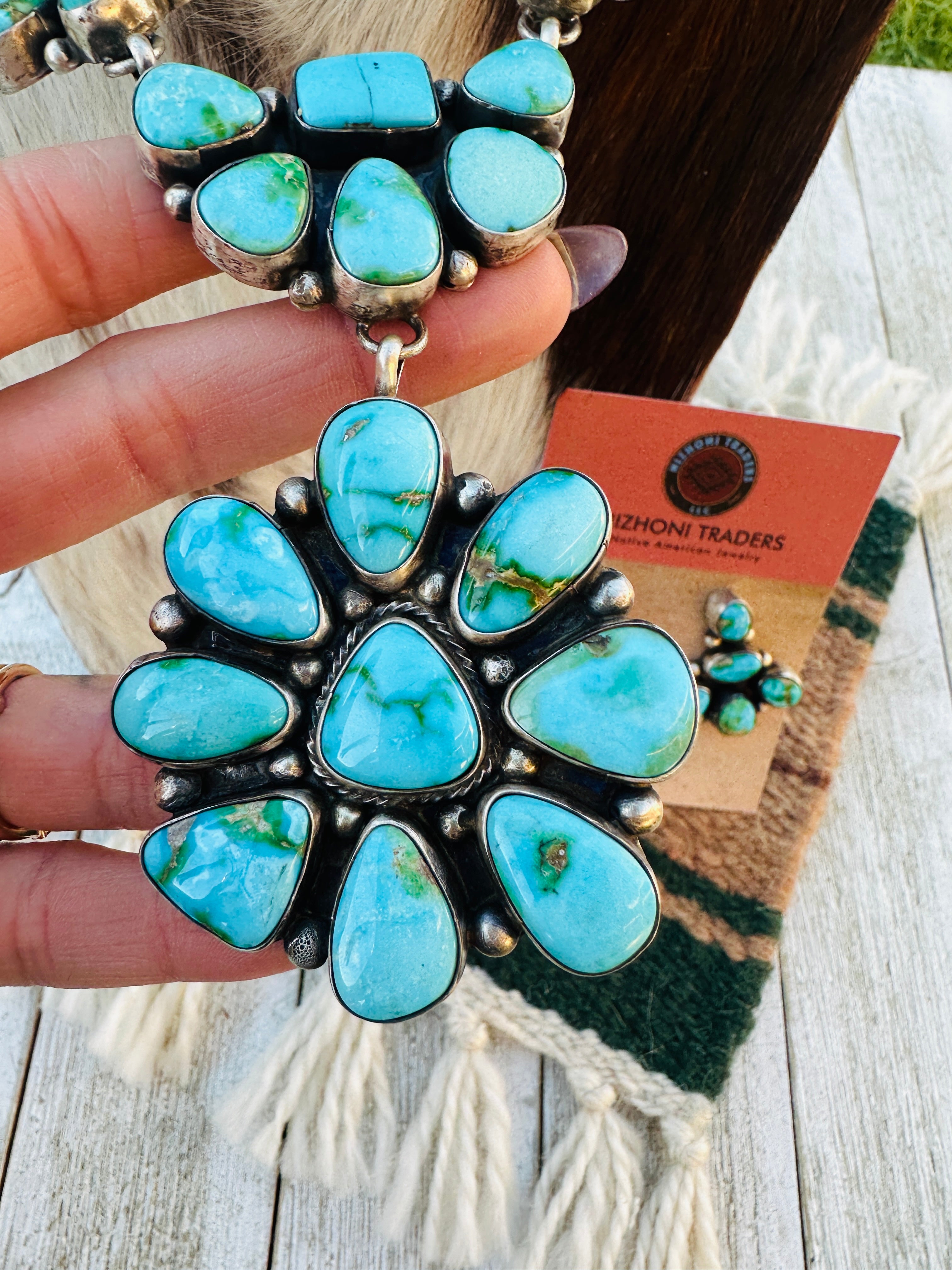 Handcrafted Sonoran Mountain Turquoise & Sterling Silver Necklace and Earring Set by Sheila Becenti