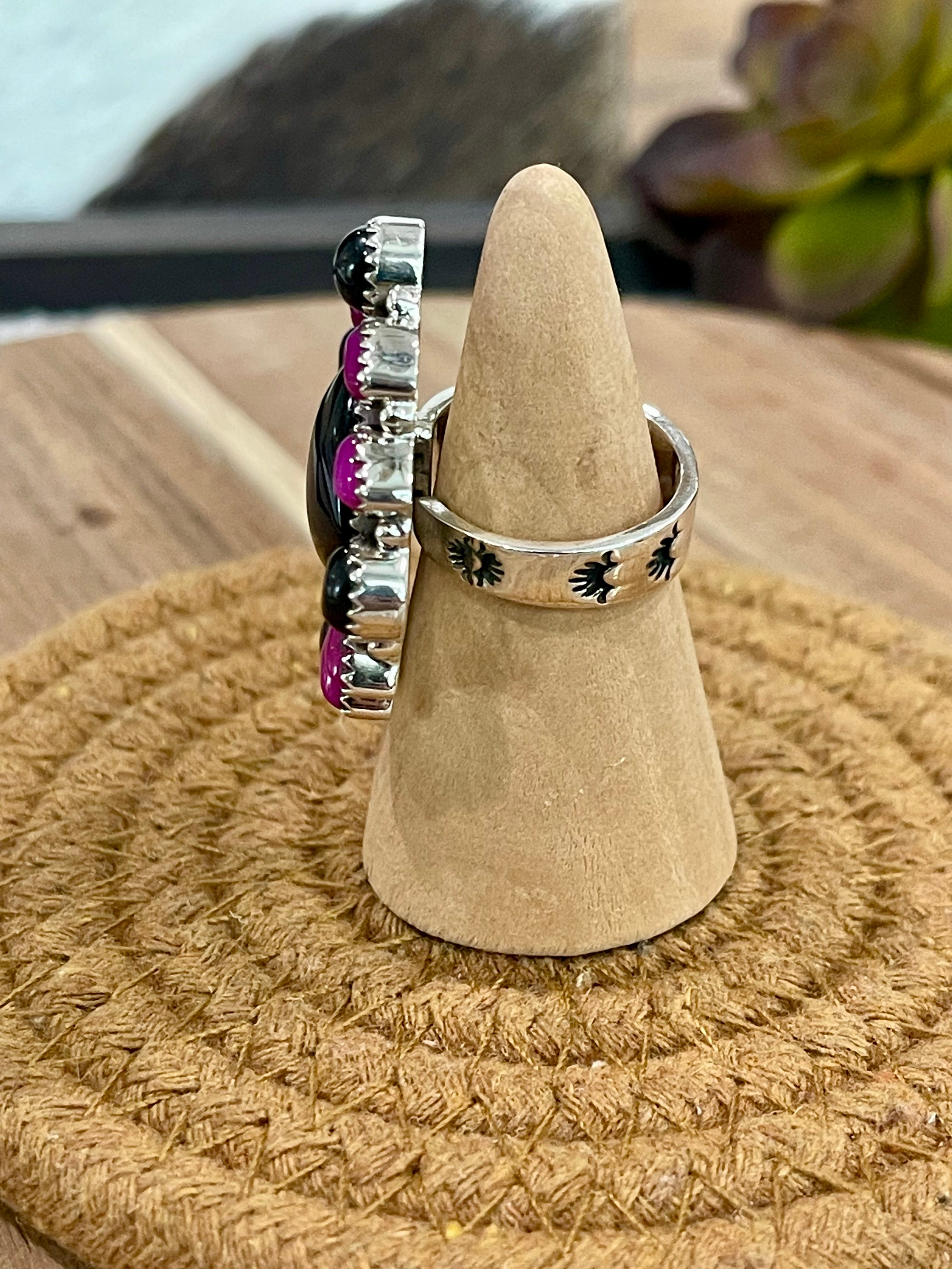 Handmade Sterling Silver, Onyx & Pink Onyx Cluster Adjustable Ring