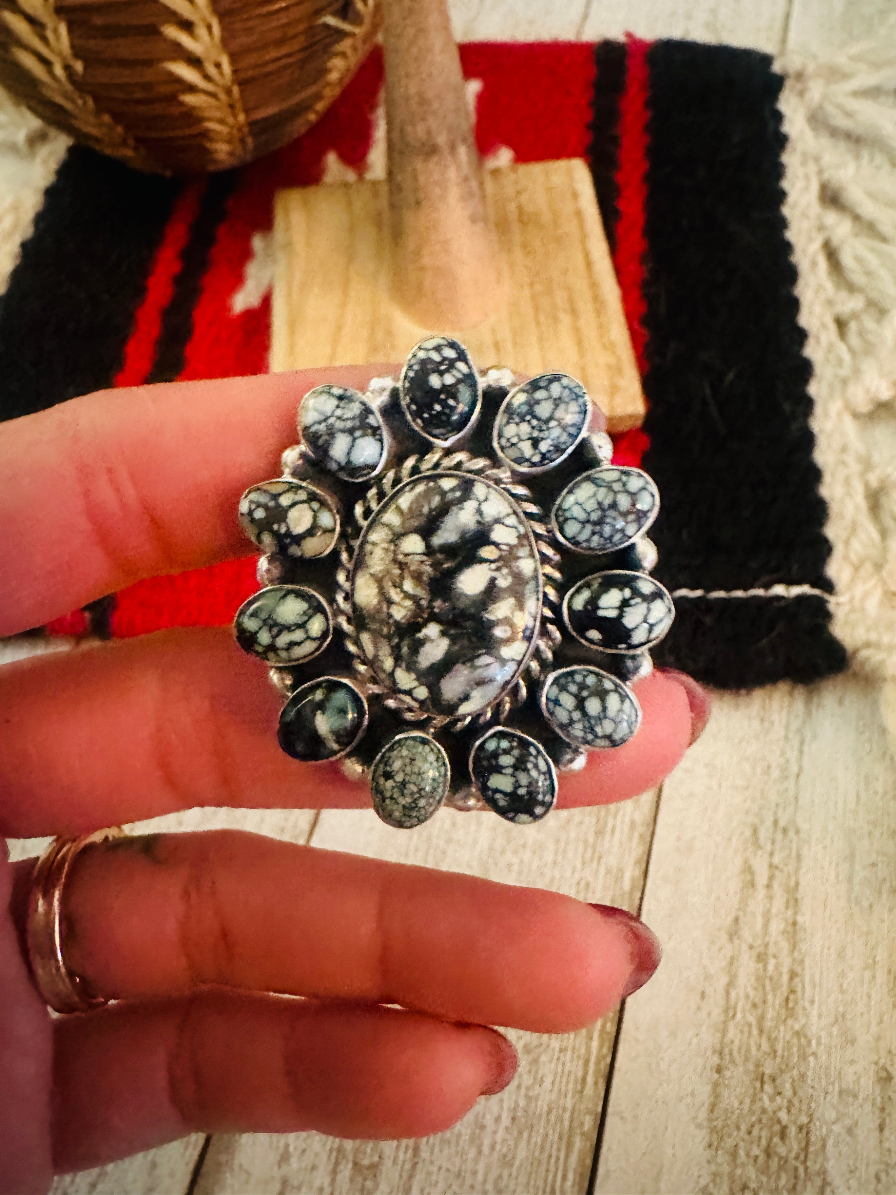 Handcrafted Sterling Silver & Tibetan Turquoise Cluster Adjustable Ring