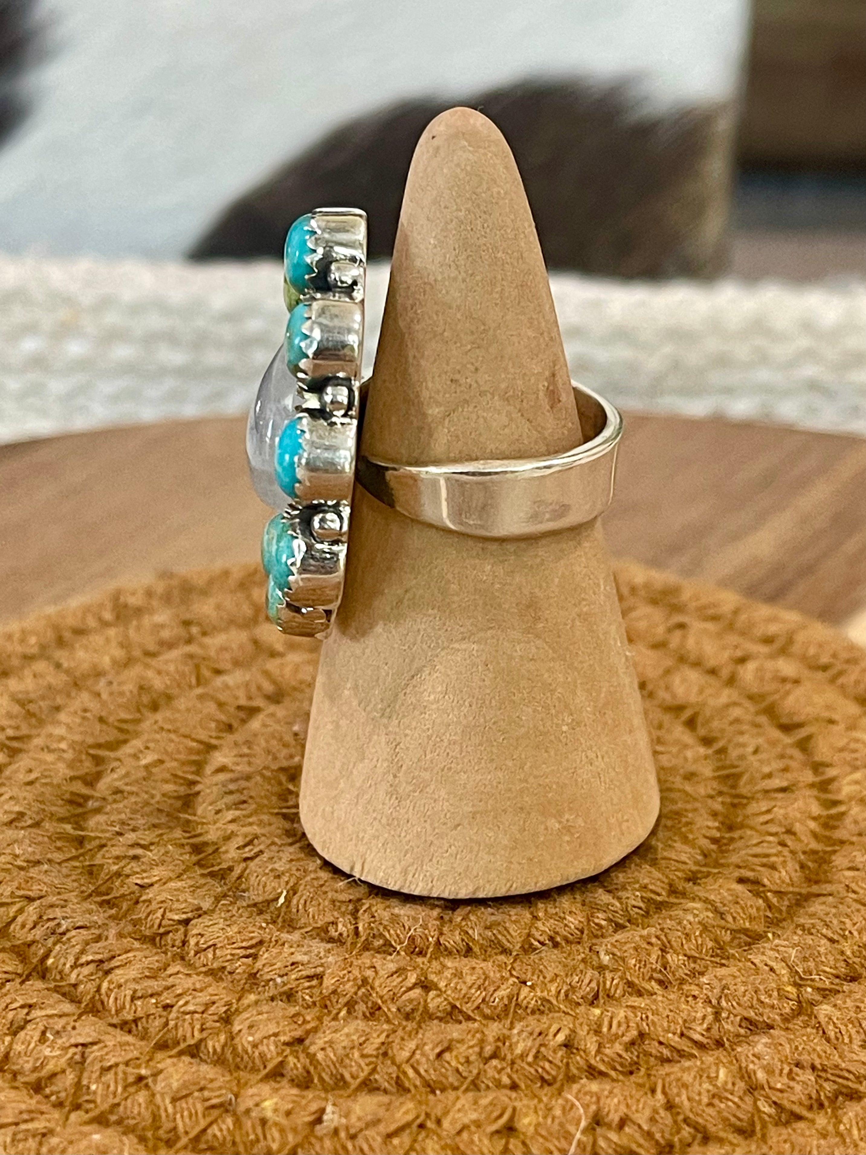 Handcrafted Sterling Silver, Moonstone & Kingman Turquoise Adjustable Ring