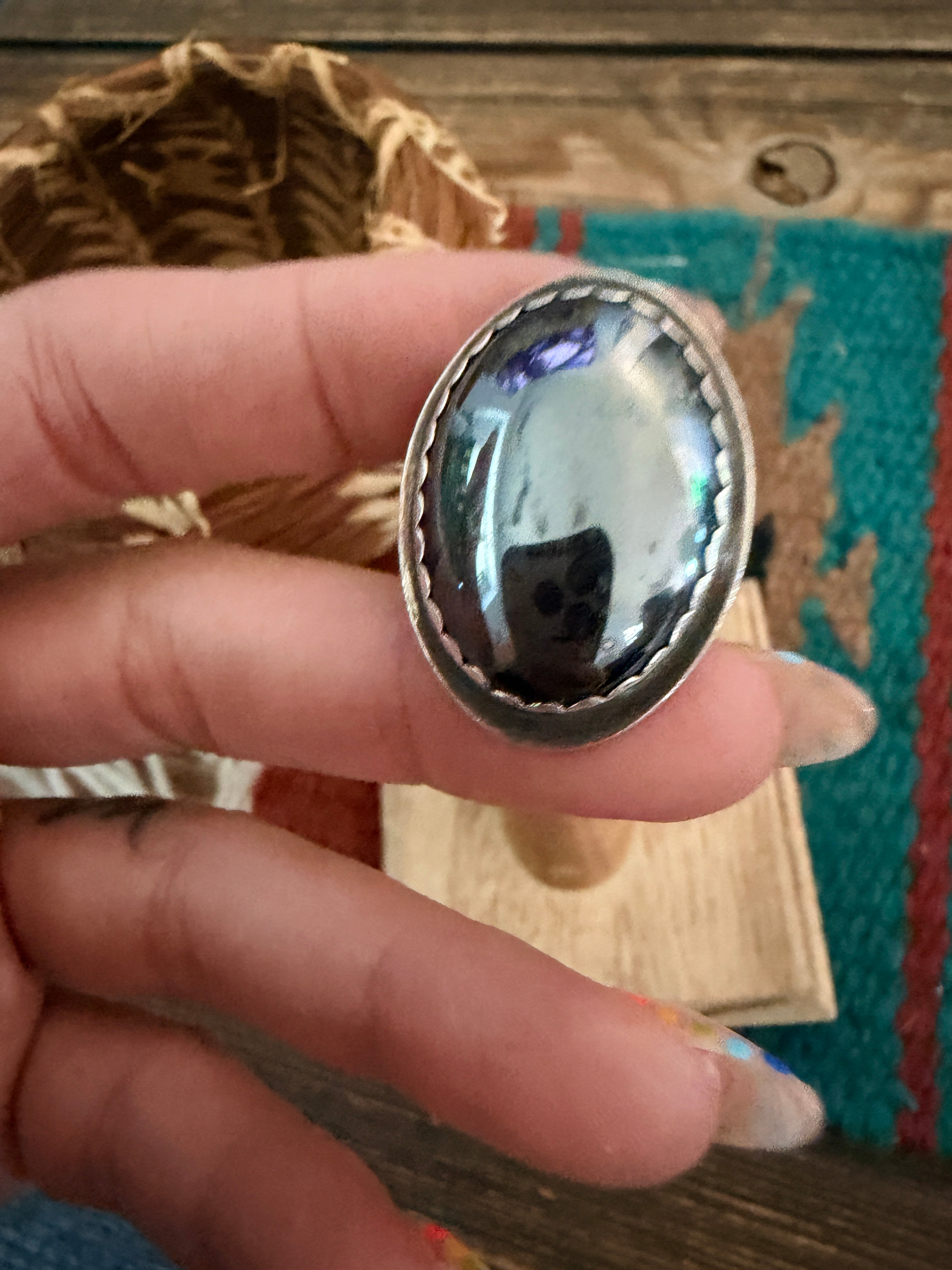 Old Pawn Handcrafted Hematite & Sterling Silver Ring Size 6.25