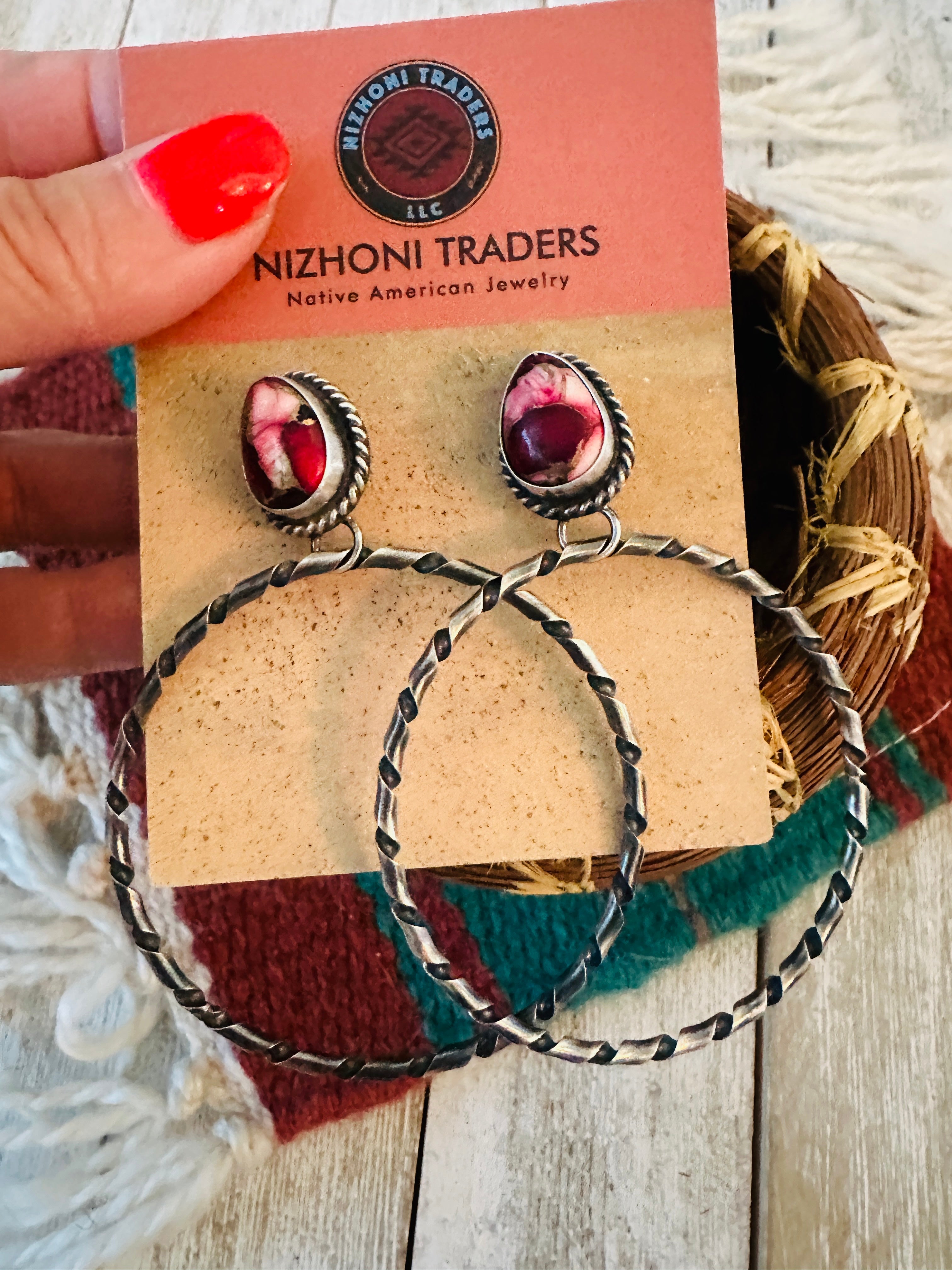 Navajo Rose Dahlia and Sterling Silver Dangle Hoop Earrings