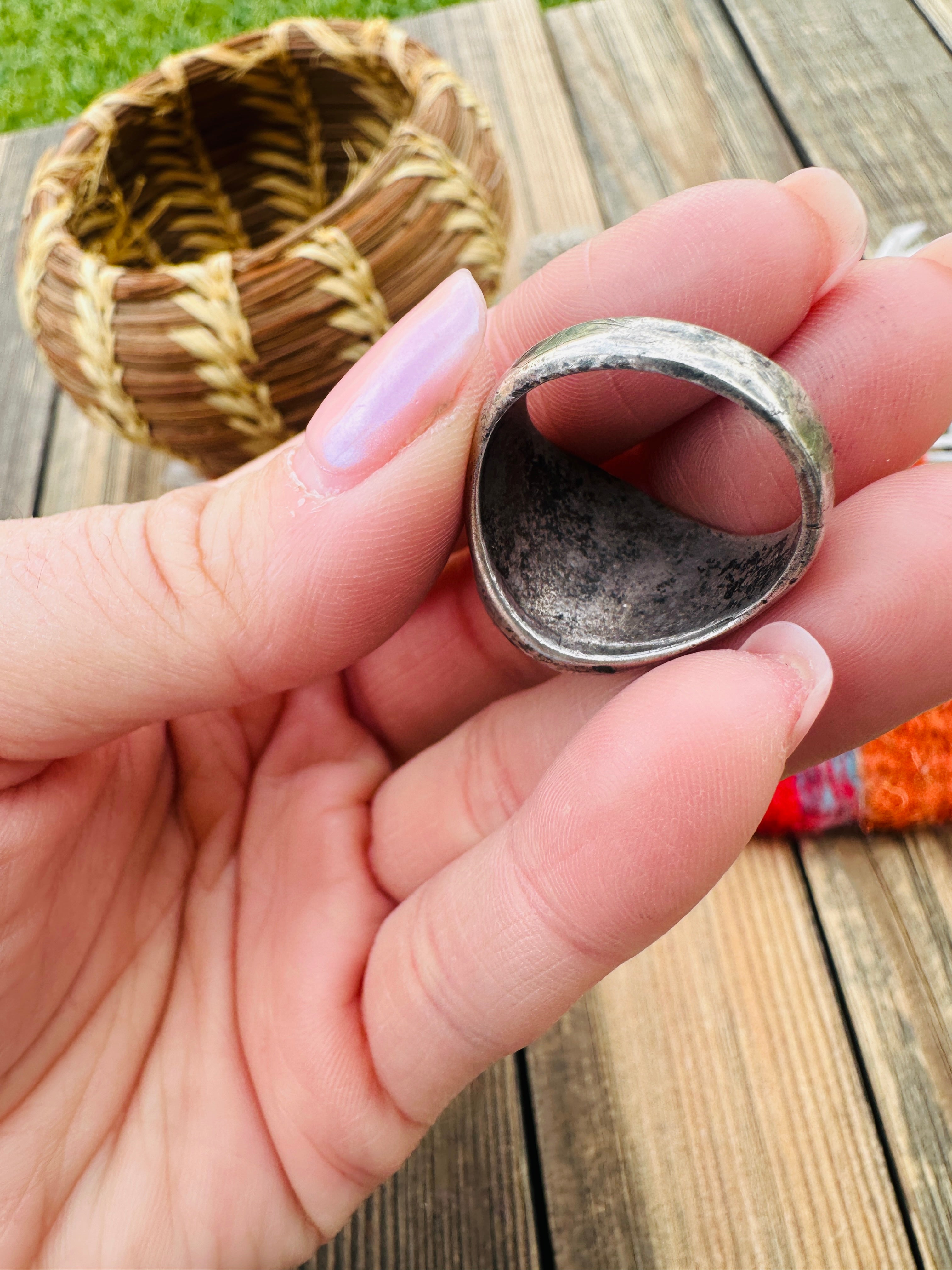 Old Pawn Handcrafted Turquoise & Sterling Silver Inlay Ring Size 8.5