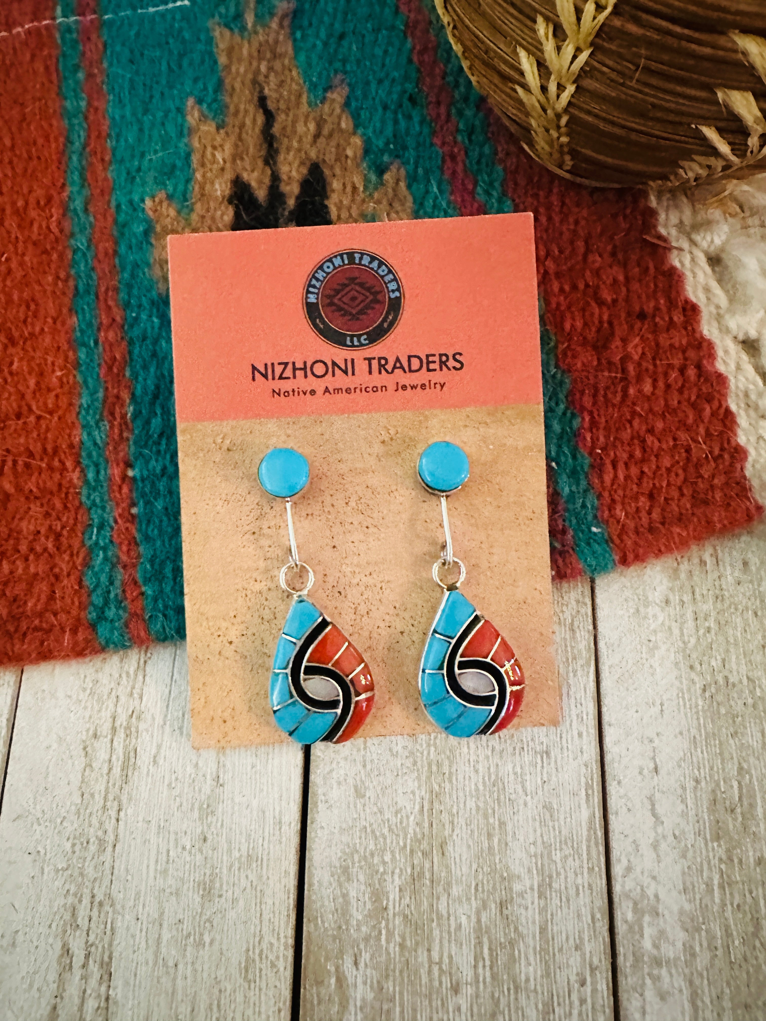 Zuni Multi Stone & Sterling Silver Inlay Dangle Earrings