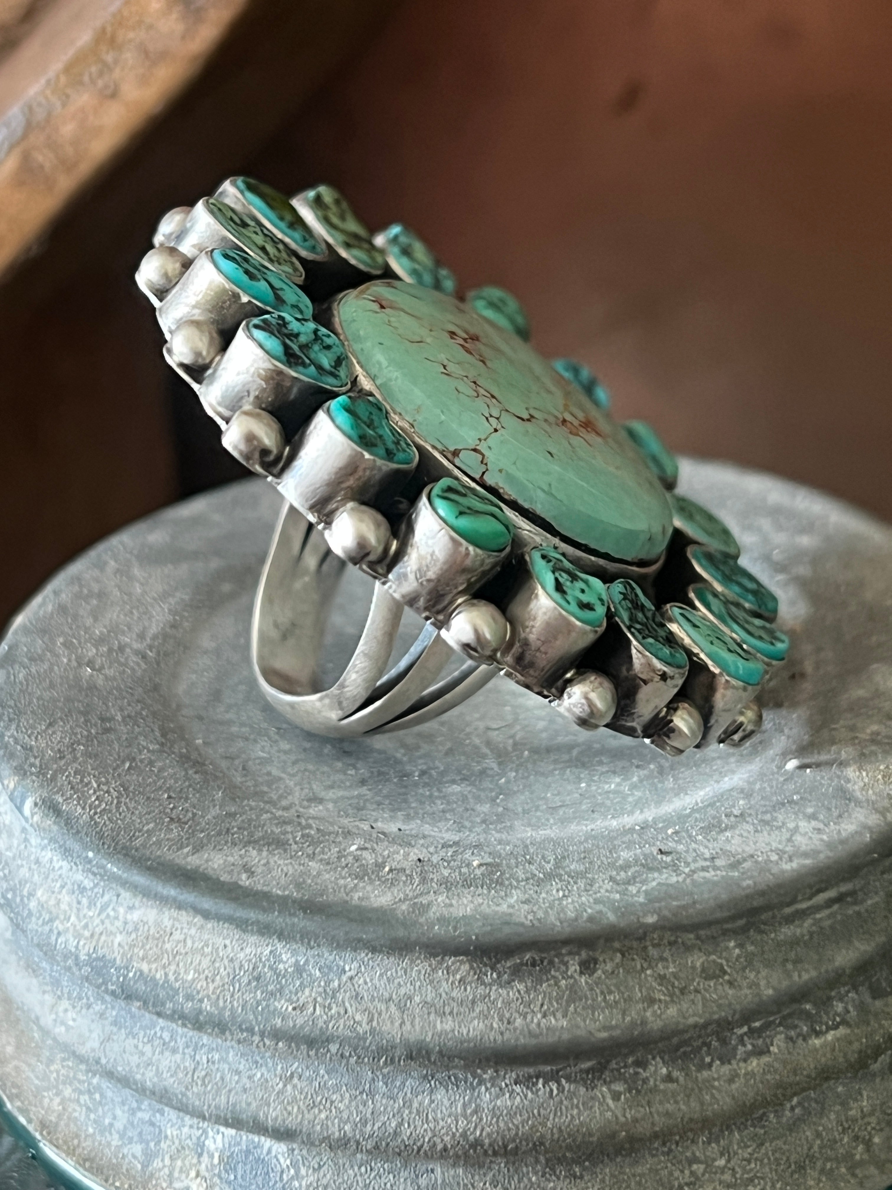 Handcrafted Sterling Silver Around The World Kingman Cluster Ring by Blaine Yellowhorse, Size 7.5