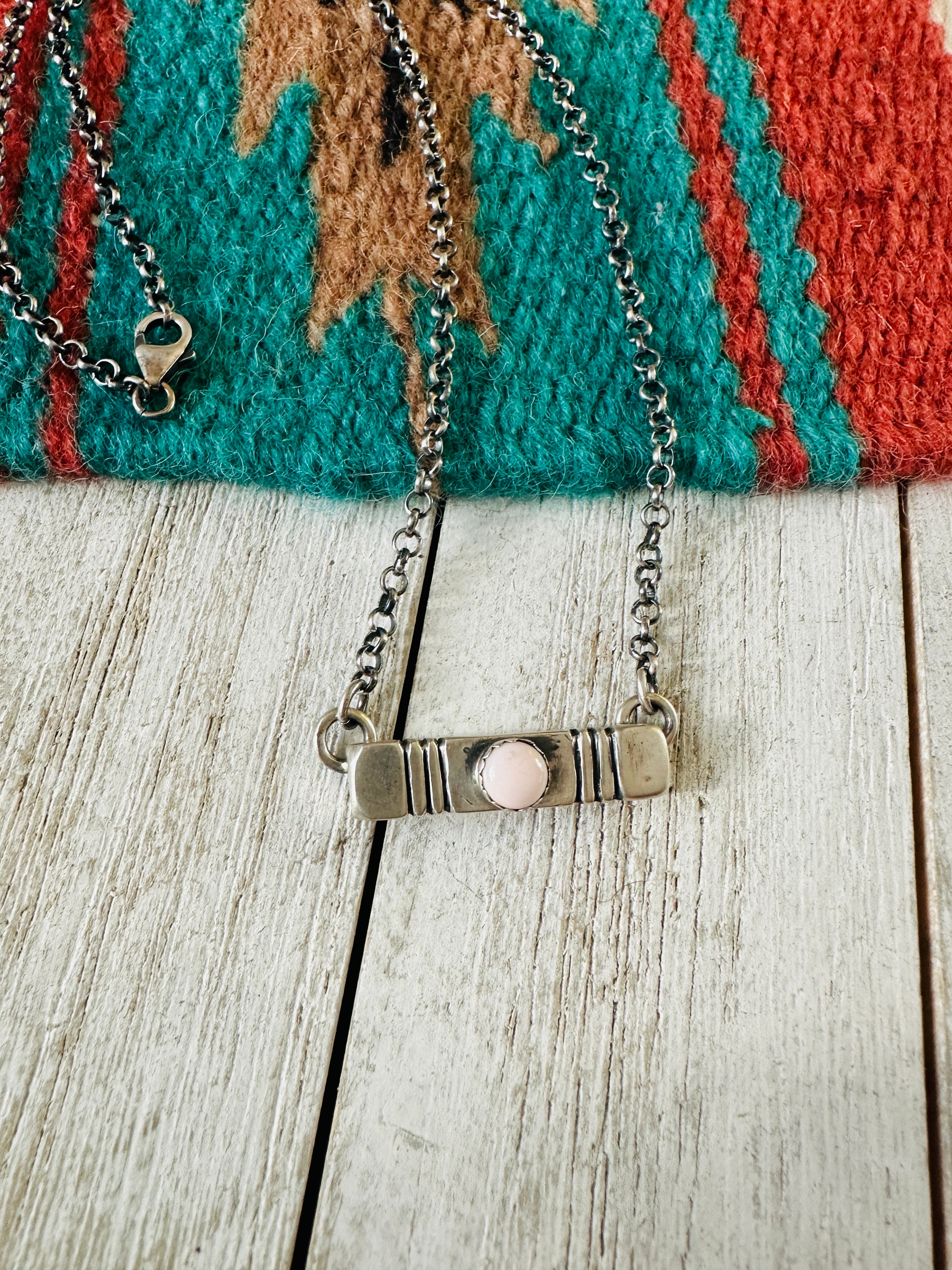 Handcrafted Sterling Silver & Queen Pink Conch Bar Necklace by Russell Sam