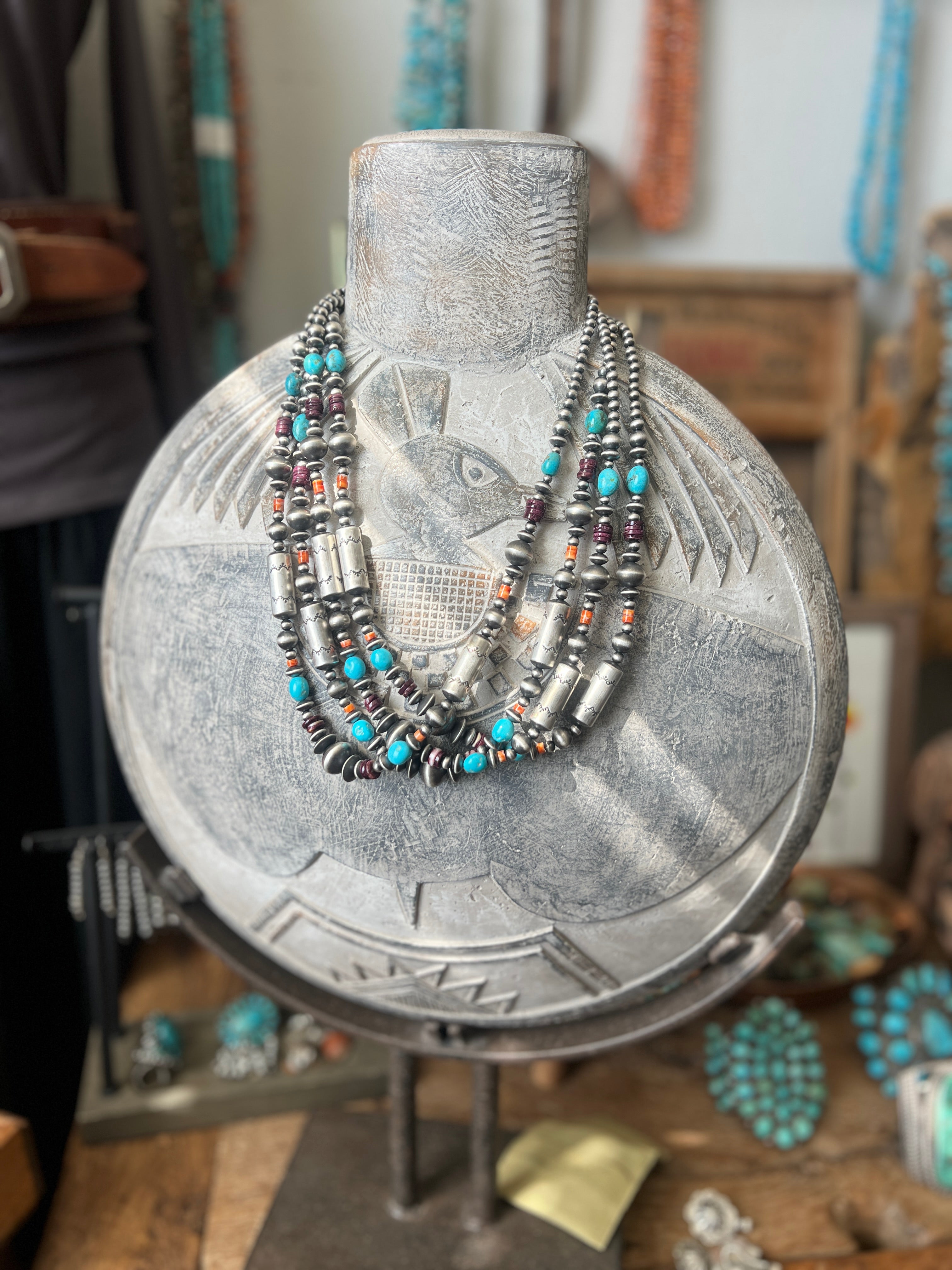 Rose Martin Electric Rainbow Sterling Silver, Turquoise and Spiny Oyster Single Strand Beaded Necklace, 24 + 1-1/2 inches