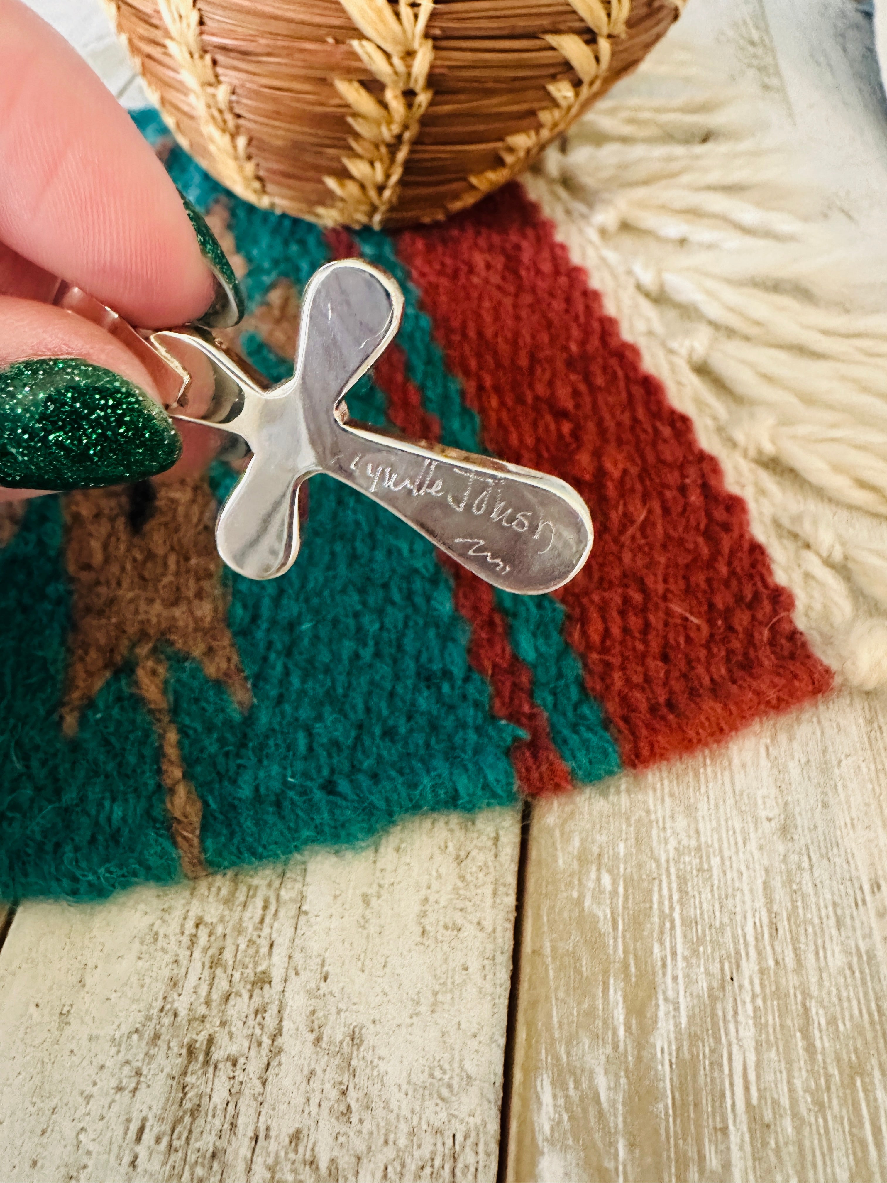 Handcrafted Sterling Silver & White Opal Inlay Cross Pendant Signed