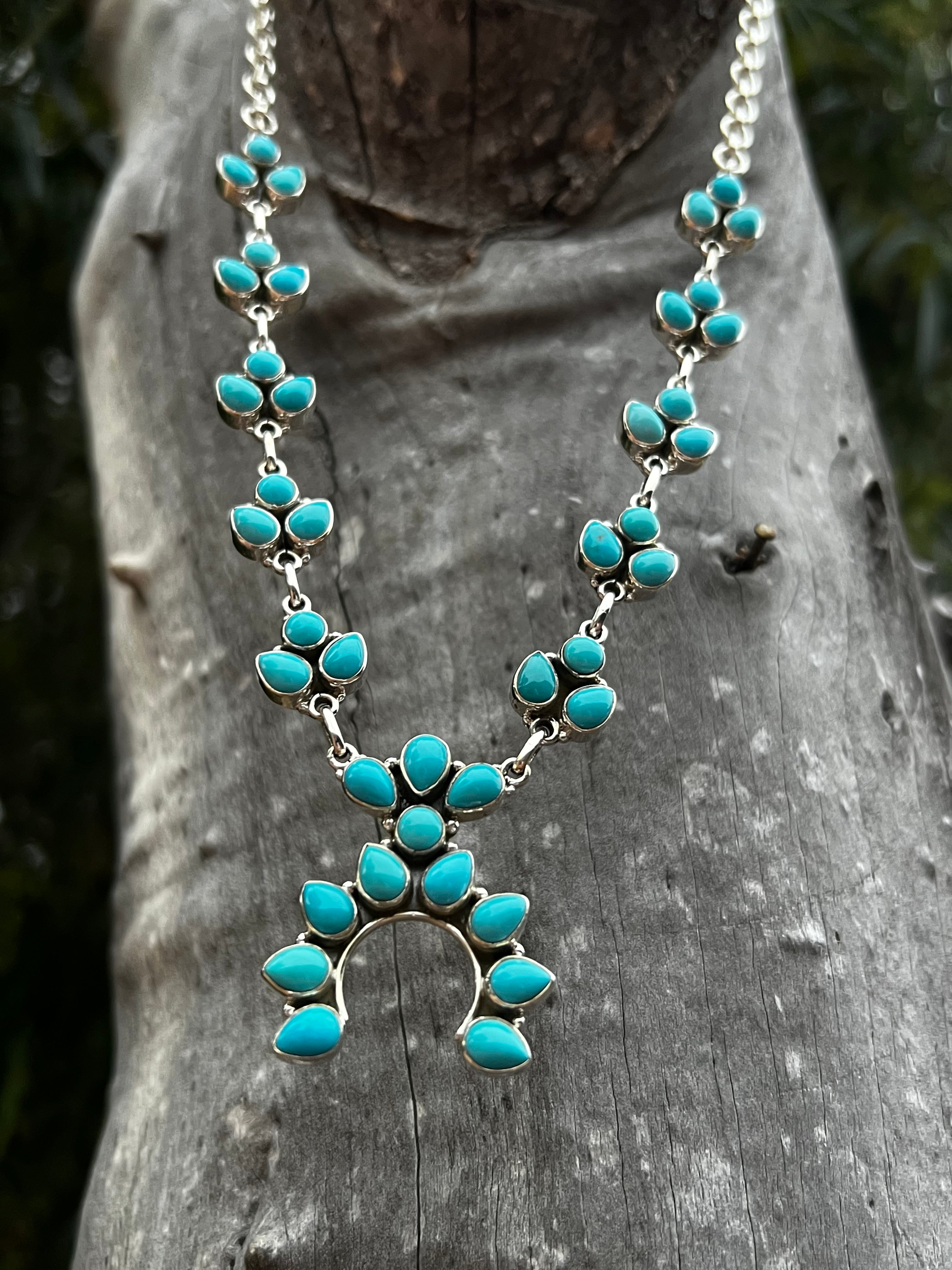Handmade Sterling Silver Turquoise Tear Drop Cluster Naja Necklace