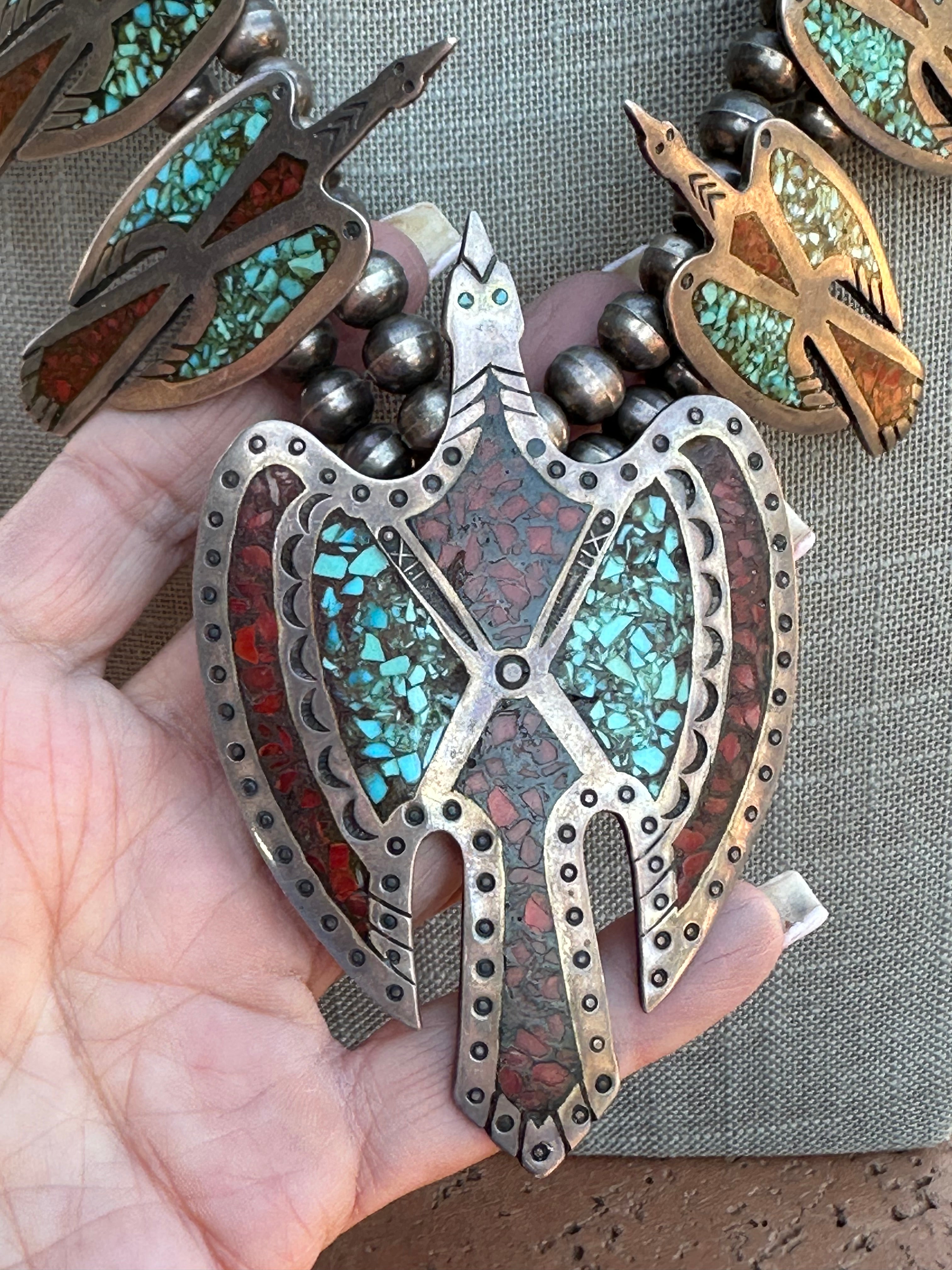 Estate Collection Old Pawn Navajo Turquoise & Coral Sterling Silver Chip Inlay Thunderbird Squash Blossom Necklace