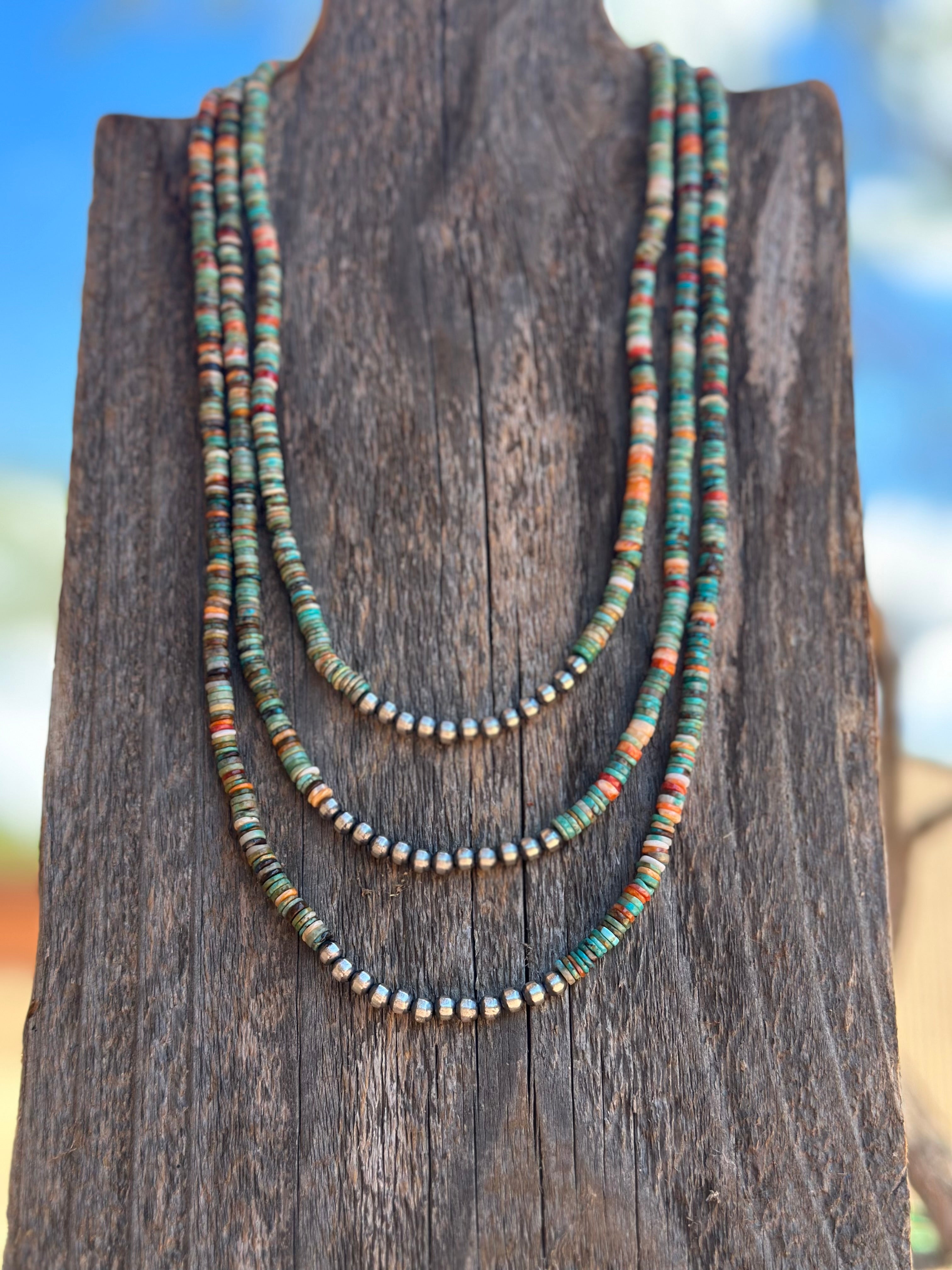 Handcrafted Kingman Turquoise & Spiny Sterling Silver 5mm Beaded Necklace