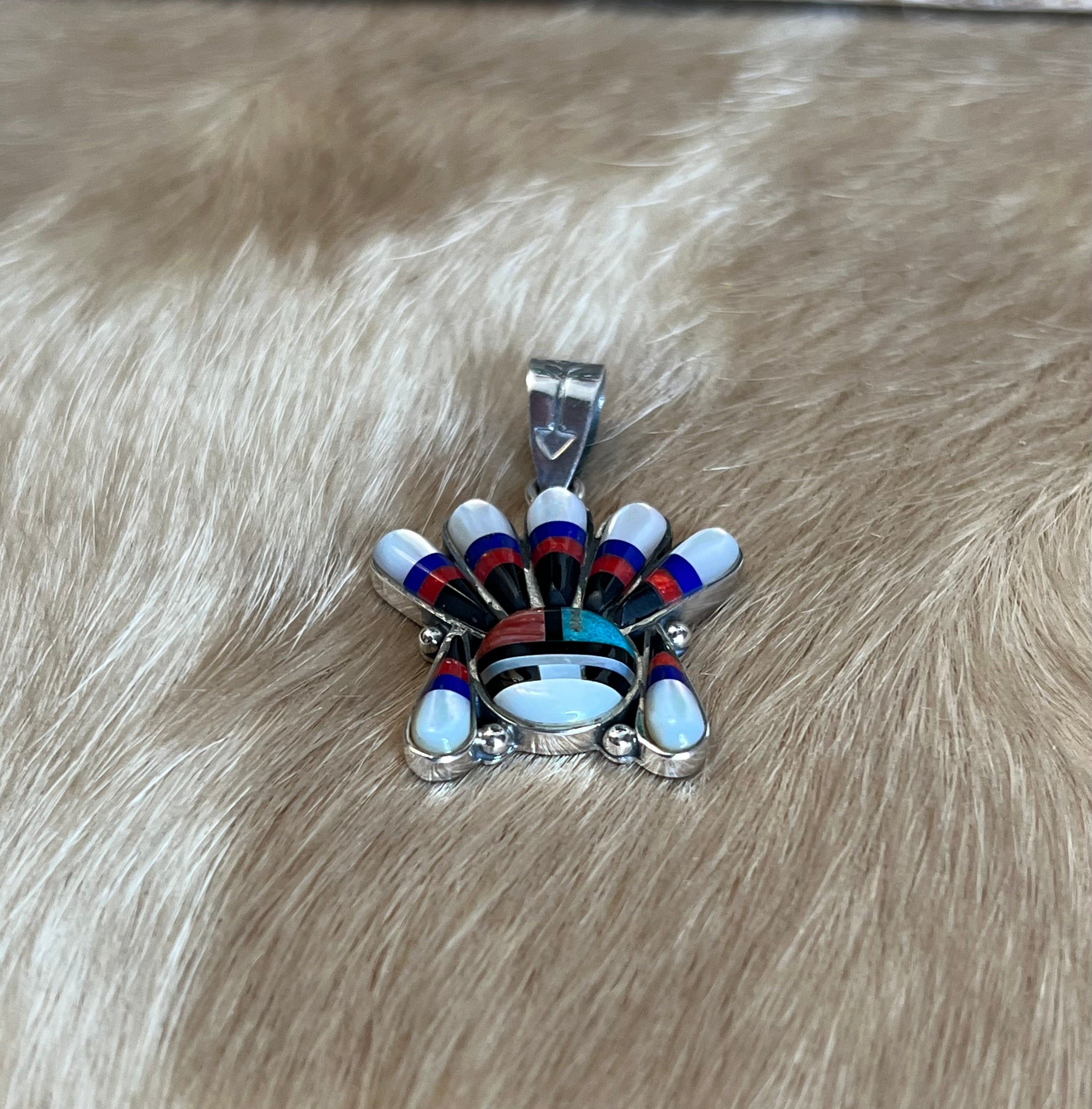 Handmade MultiStone Inlay Sun Face Sterling Silver Pendant