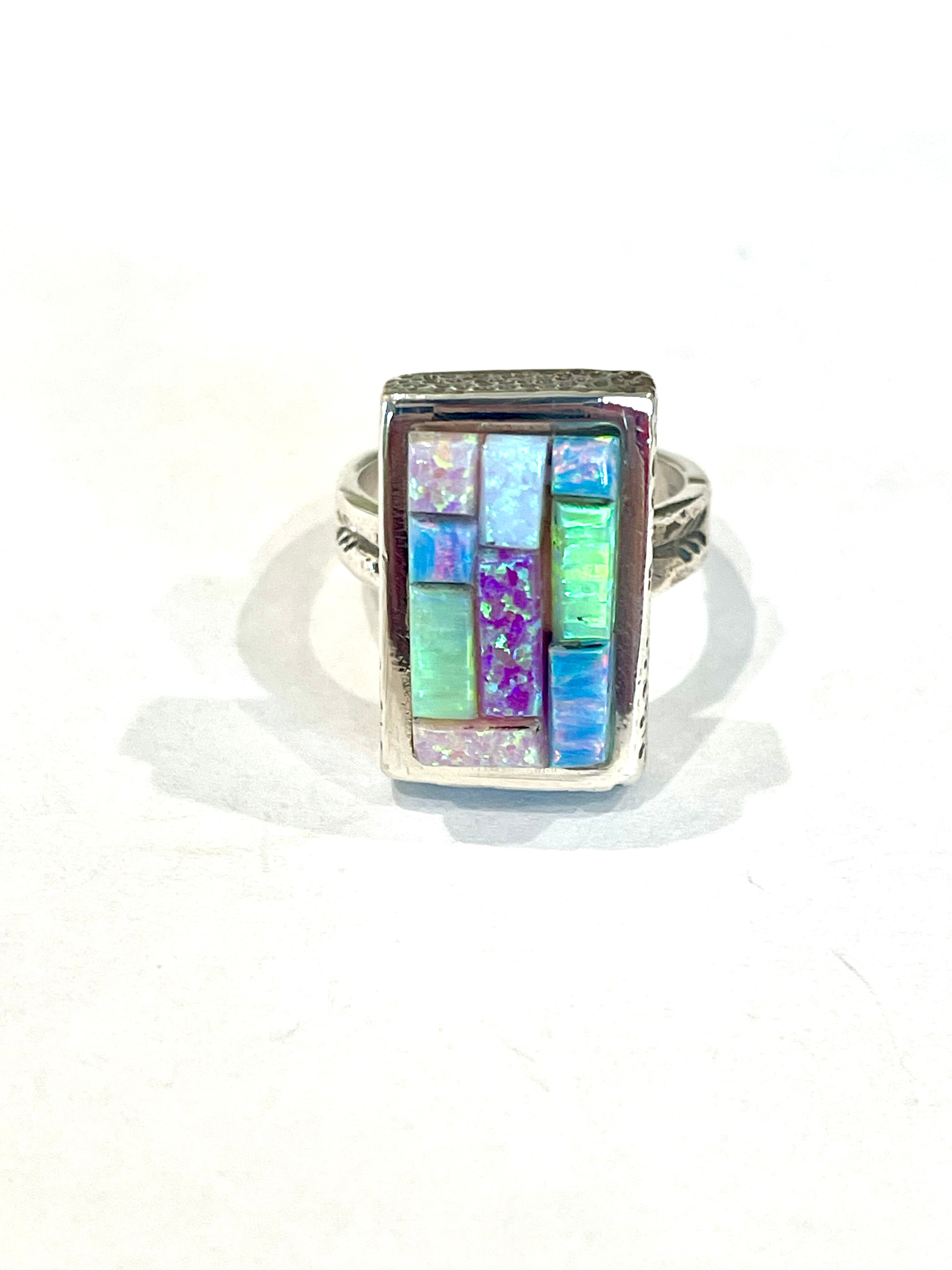 Handmade Sterling Silver & Multi Stone Inlay Ring Size 8.5
