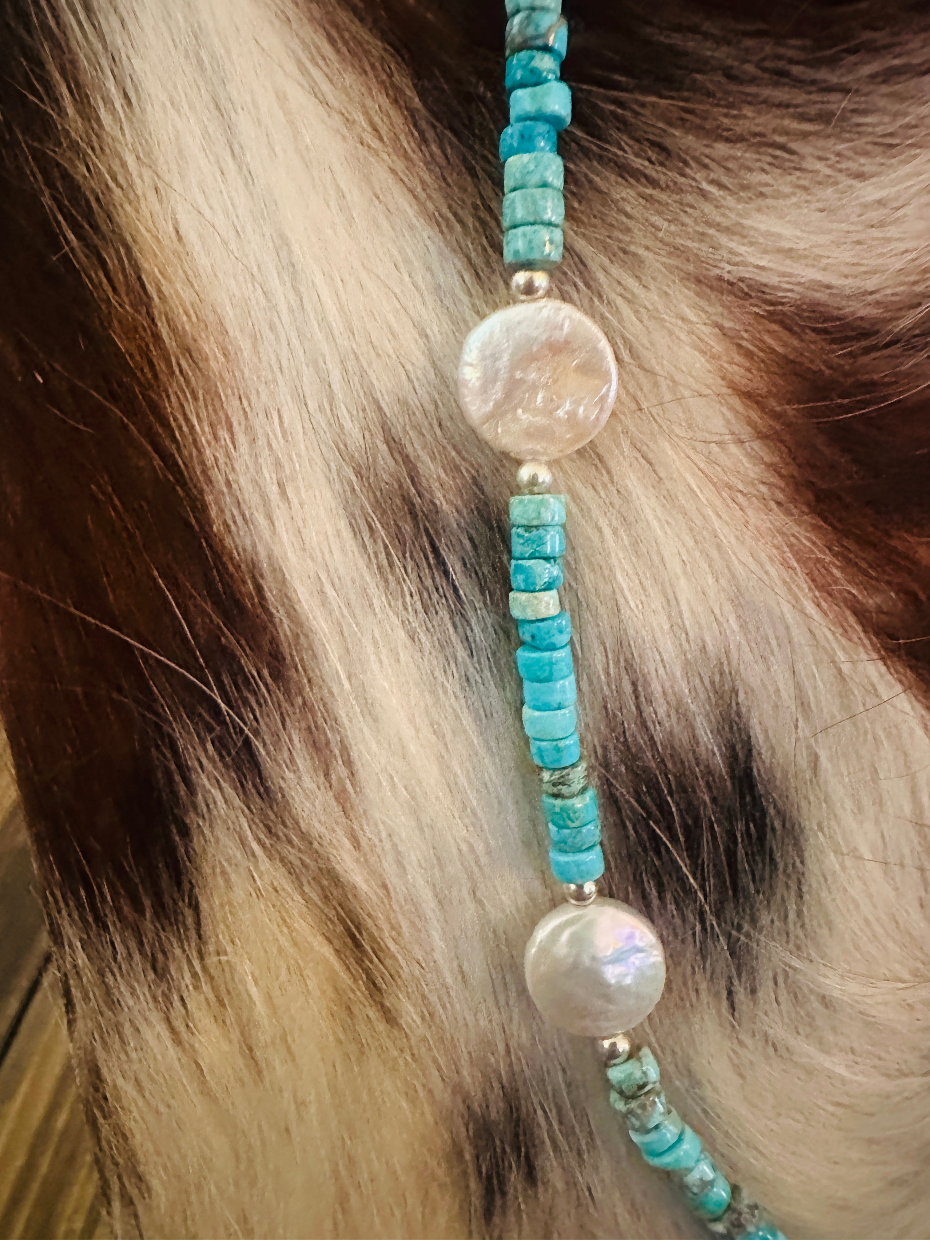 Handcrafted Turquoise, Mother of Pearl & Sterling Silver 16” Beaded Necklace