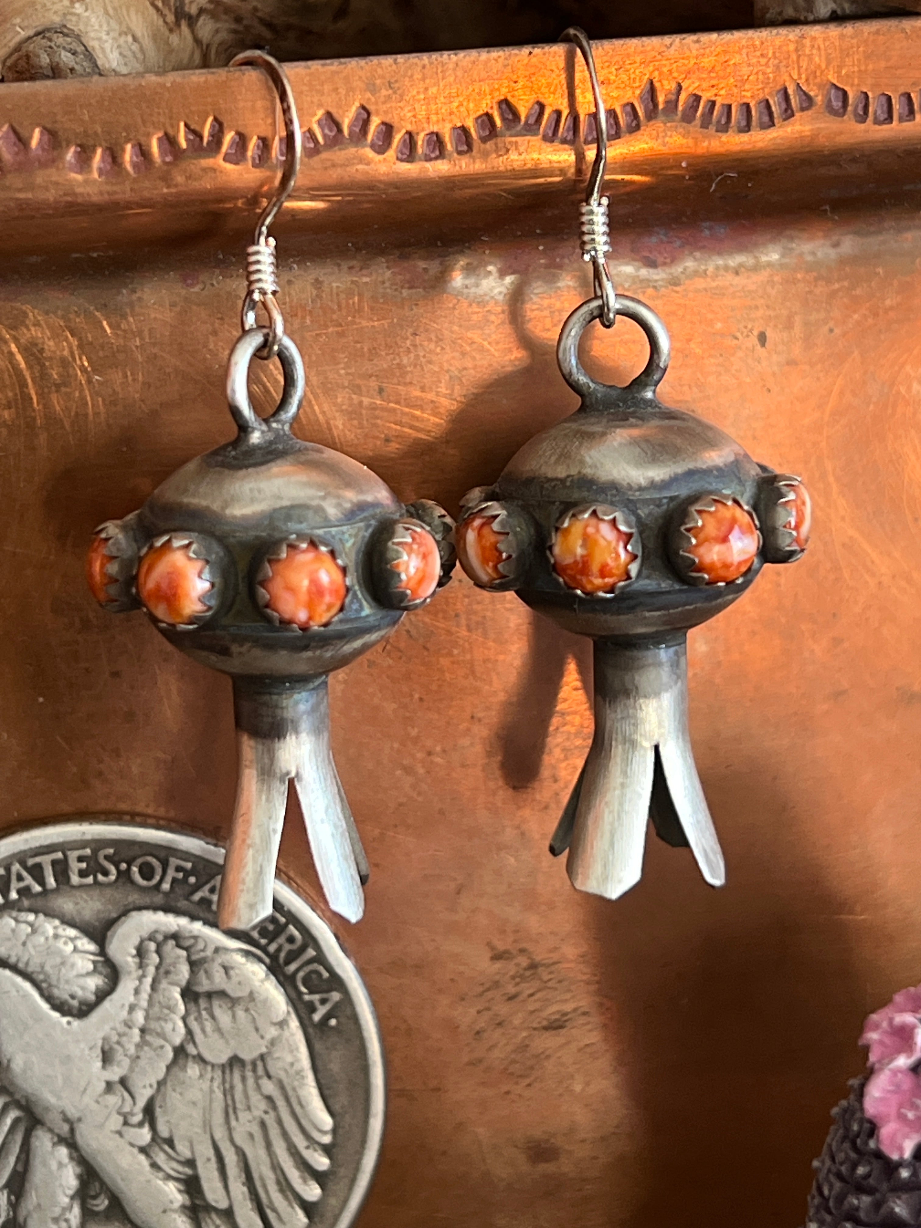 Handcrafted Sterling Silver Blossom Dangle Earrings w/ Orange Spiny Oyster by Monica Smith
