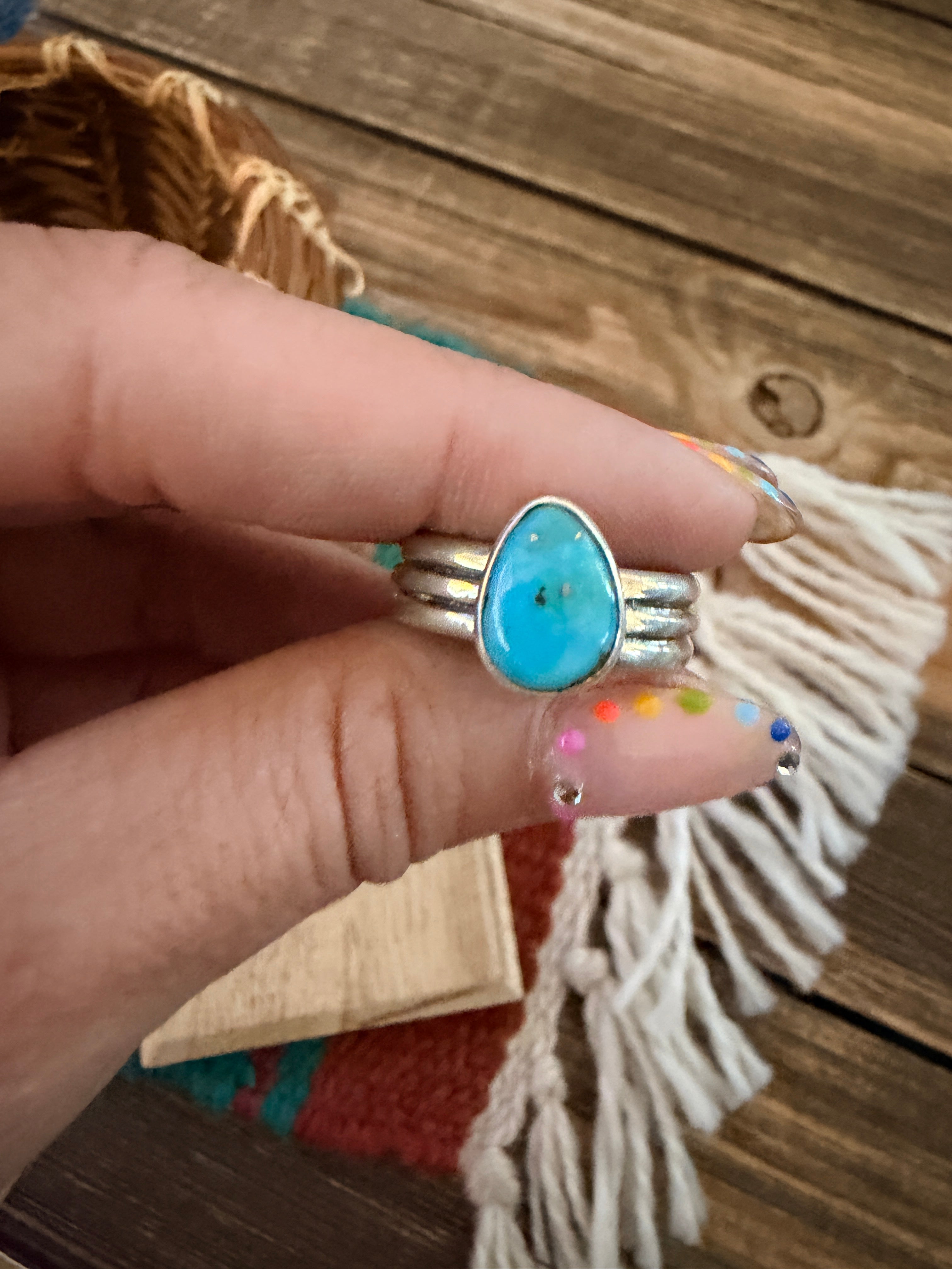 Handcrafted Turquoise & Sterling Silver Band Ring Size 7.5
