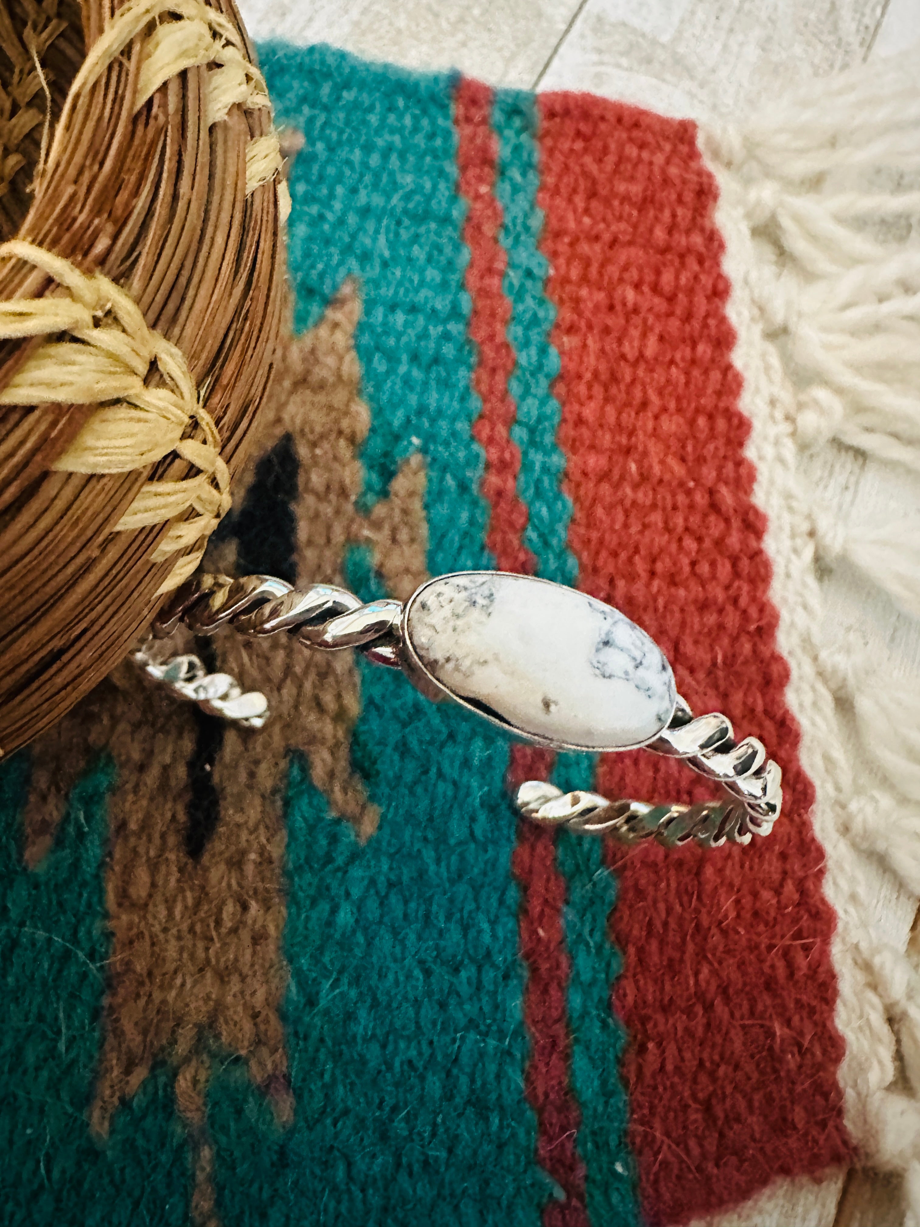 Handcrafted White Buffalo & Twisted Sterling Silver Cuff Bracelet