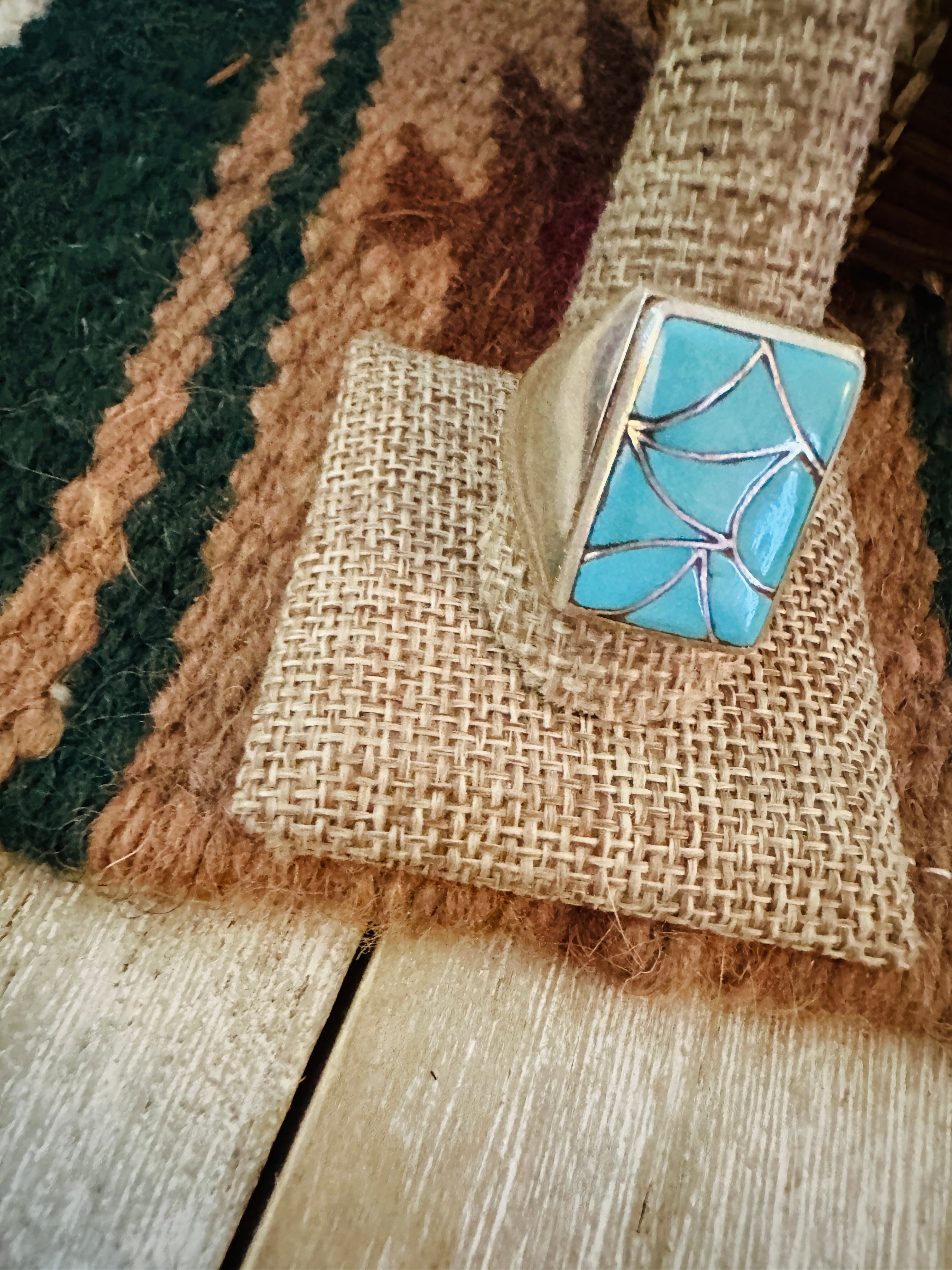 Old Pawn Handcrafted Turquoise & Sterling Silver Inlay Ring Size 11.75