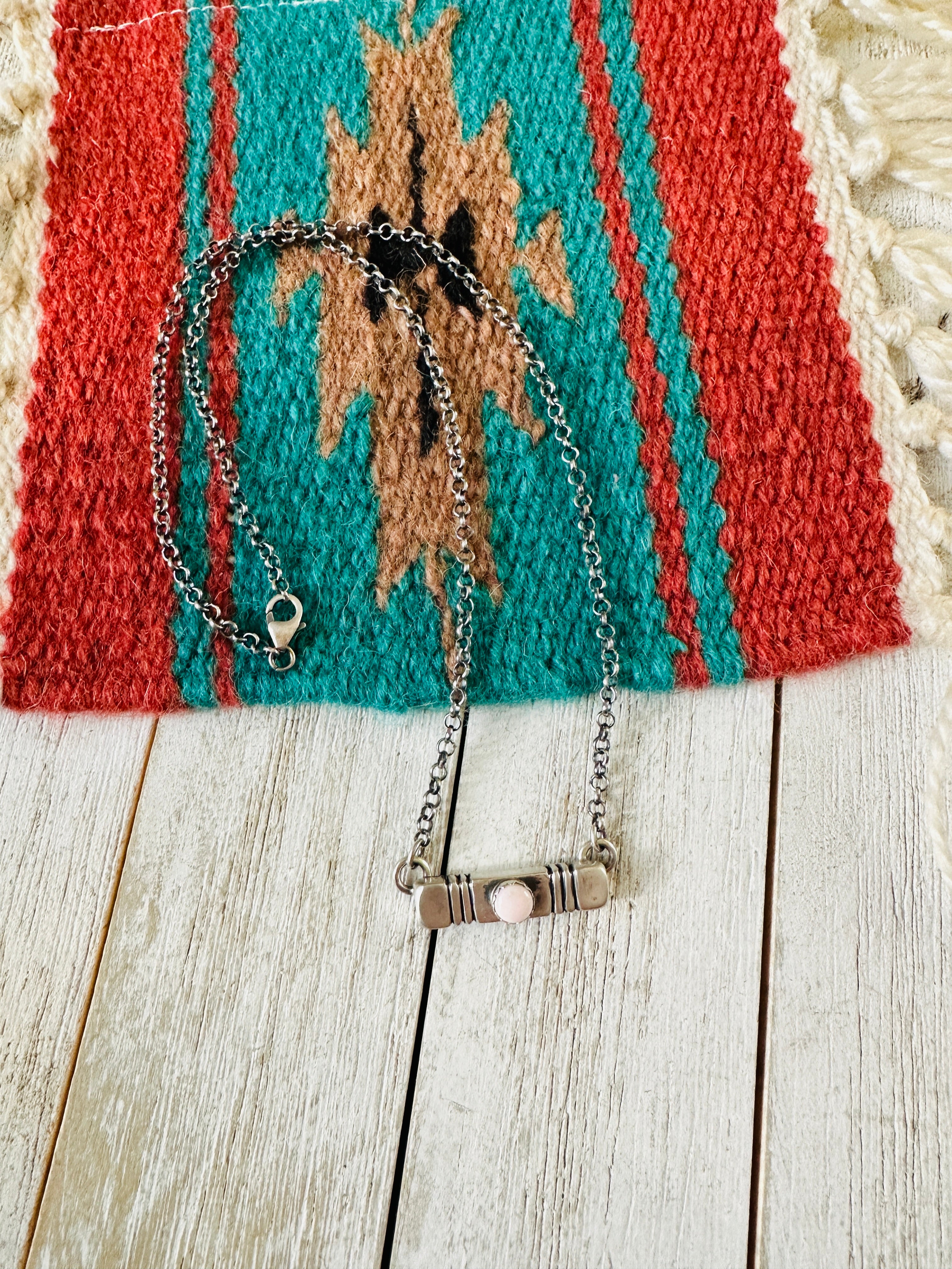 Handcrafted Sterling Silver & Queen Pink Conch Bar Necklace by Russell Sam