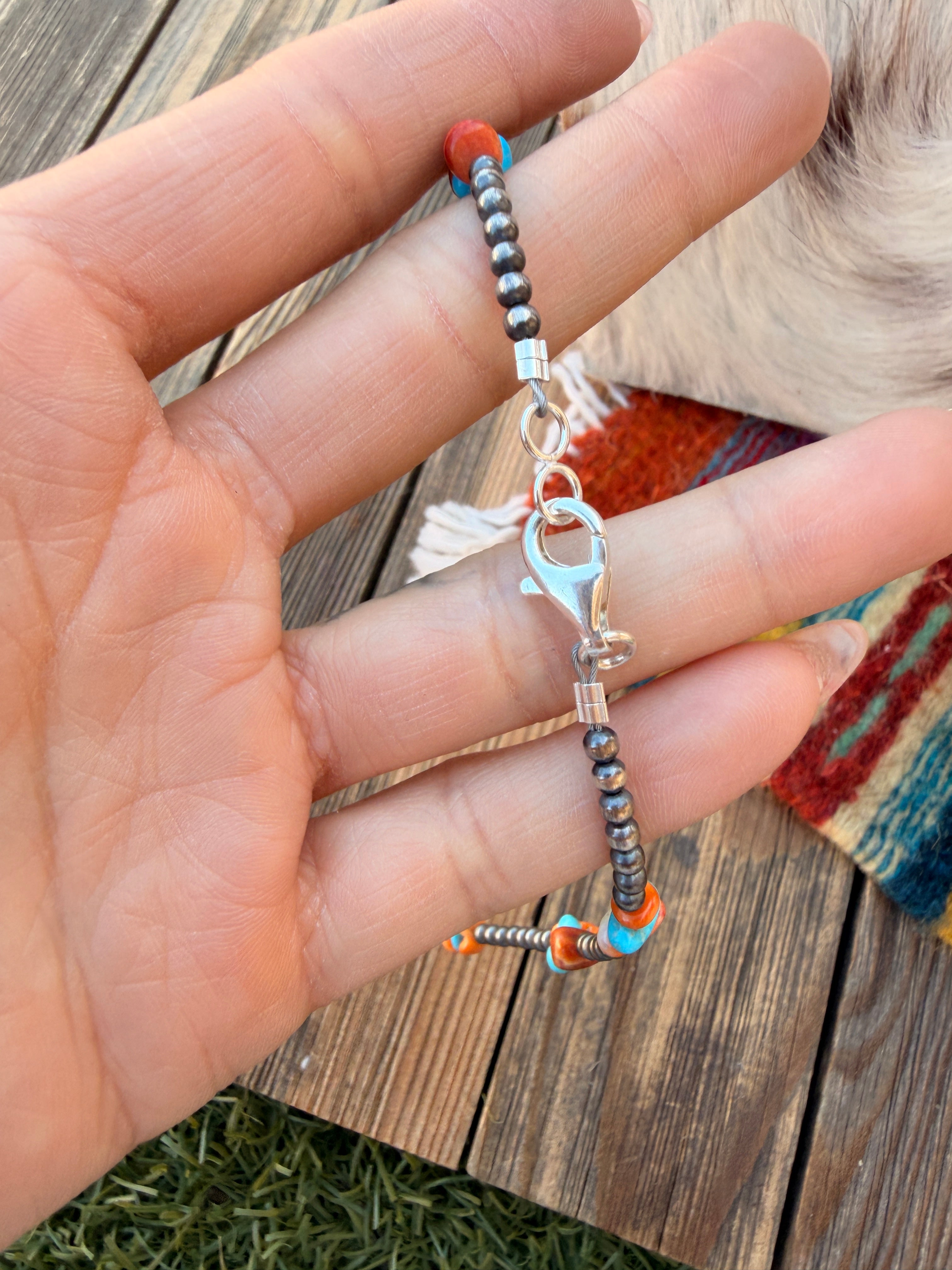 Handcrafted Turquoise, Spiny & Sterling Silver Pearl 18” Beaded Necklace