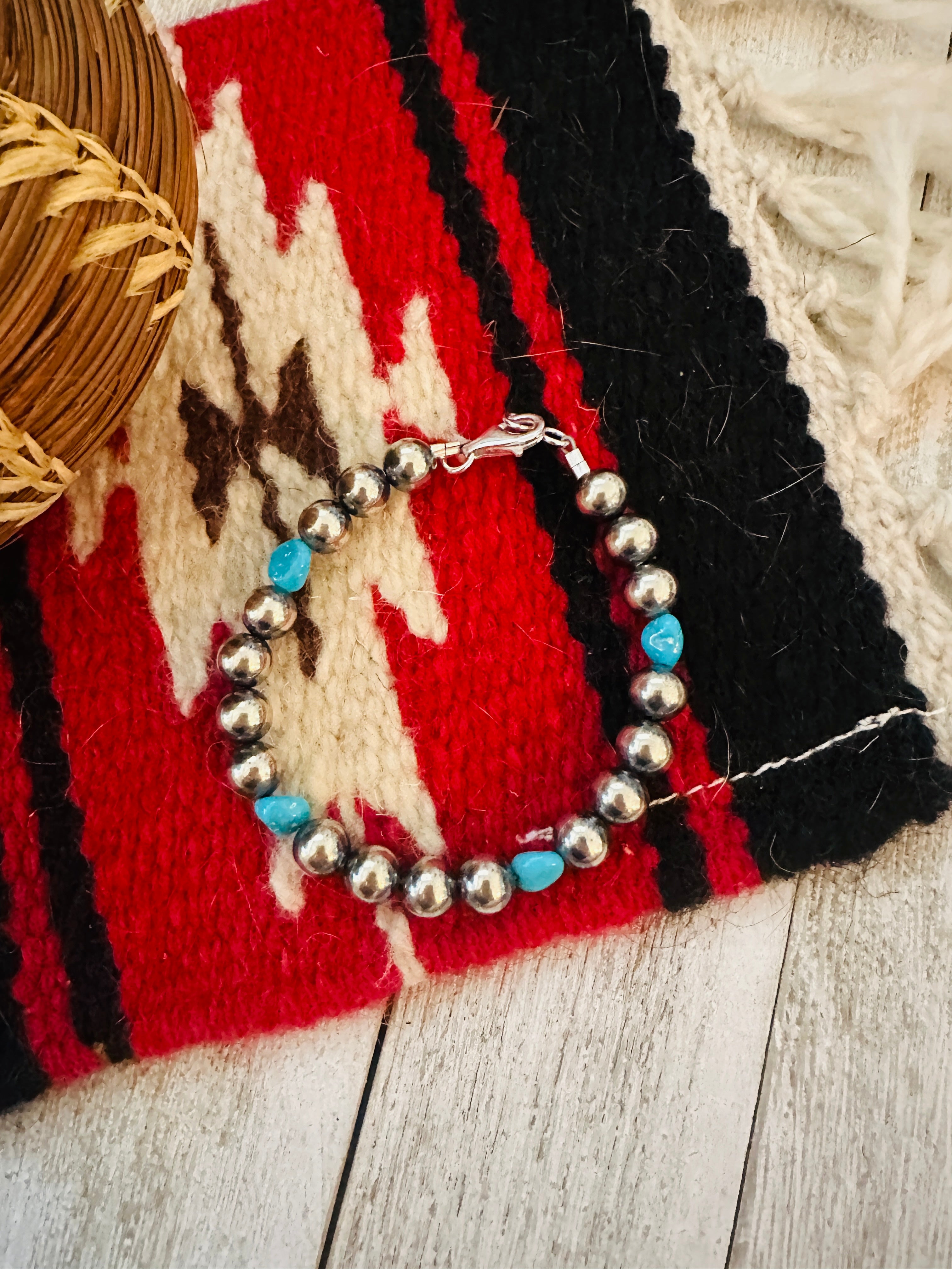 Handcrafted Turquoise & Sterling Silver Pearl Beaded Bracelet