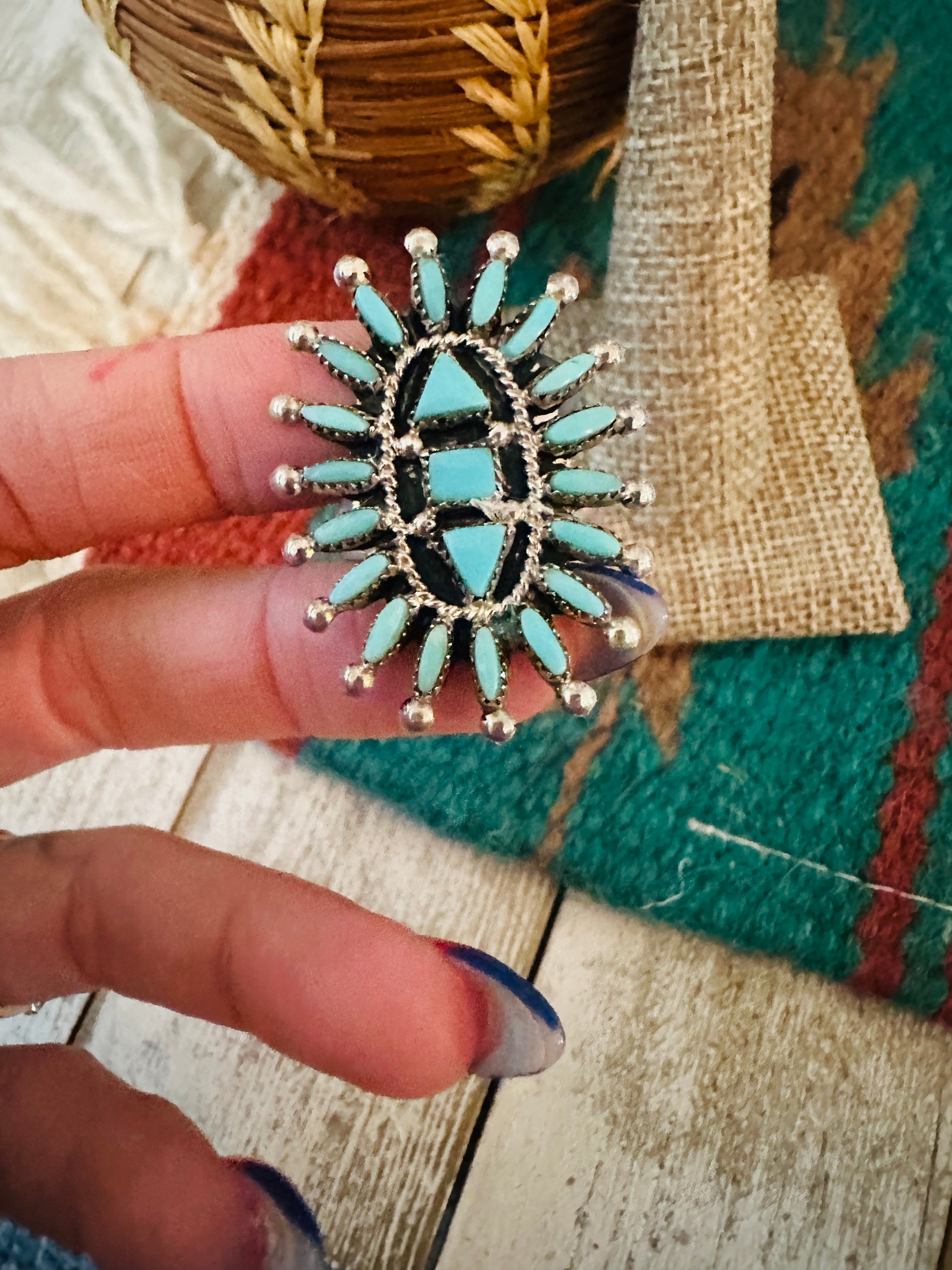 Handcrafted Sterling Silver & Turquoise Needlepoint Ring Size 9.5