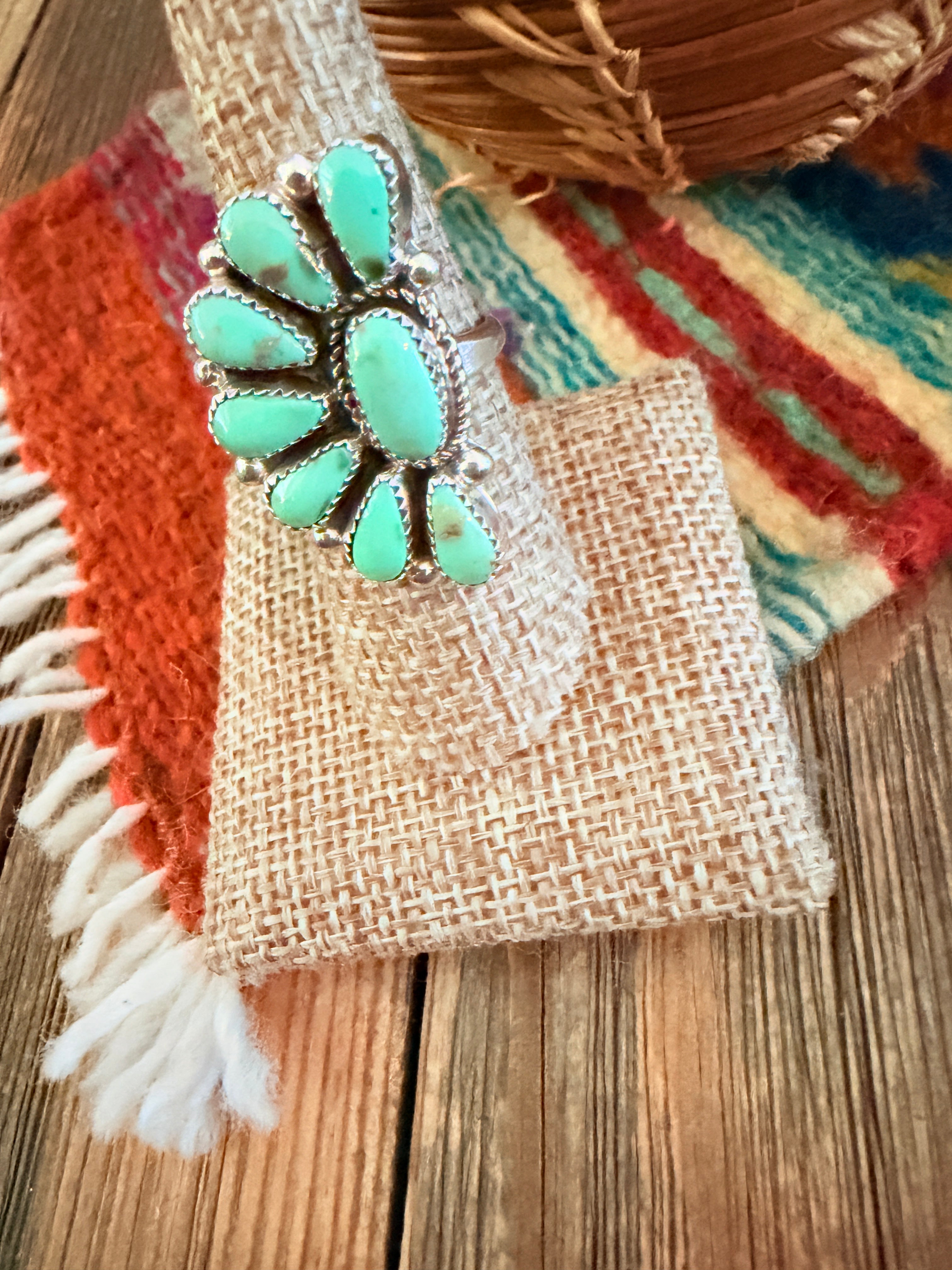 Handcrafted Turquoise & Sterling Silver Adjustable Cluster Ring